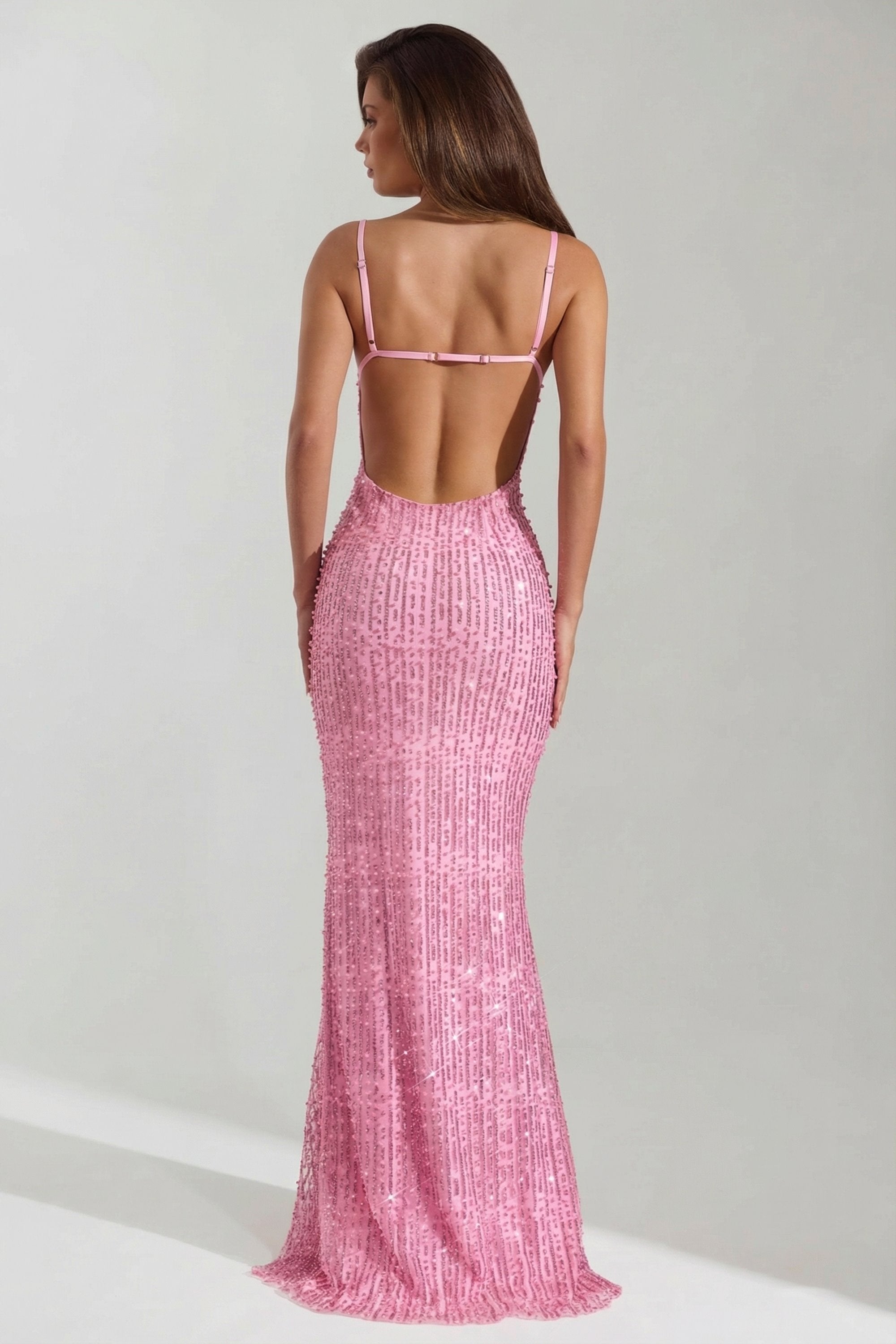 Embellished Cowl-Neck Backless Maxi Dress in Pink