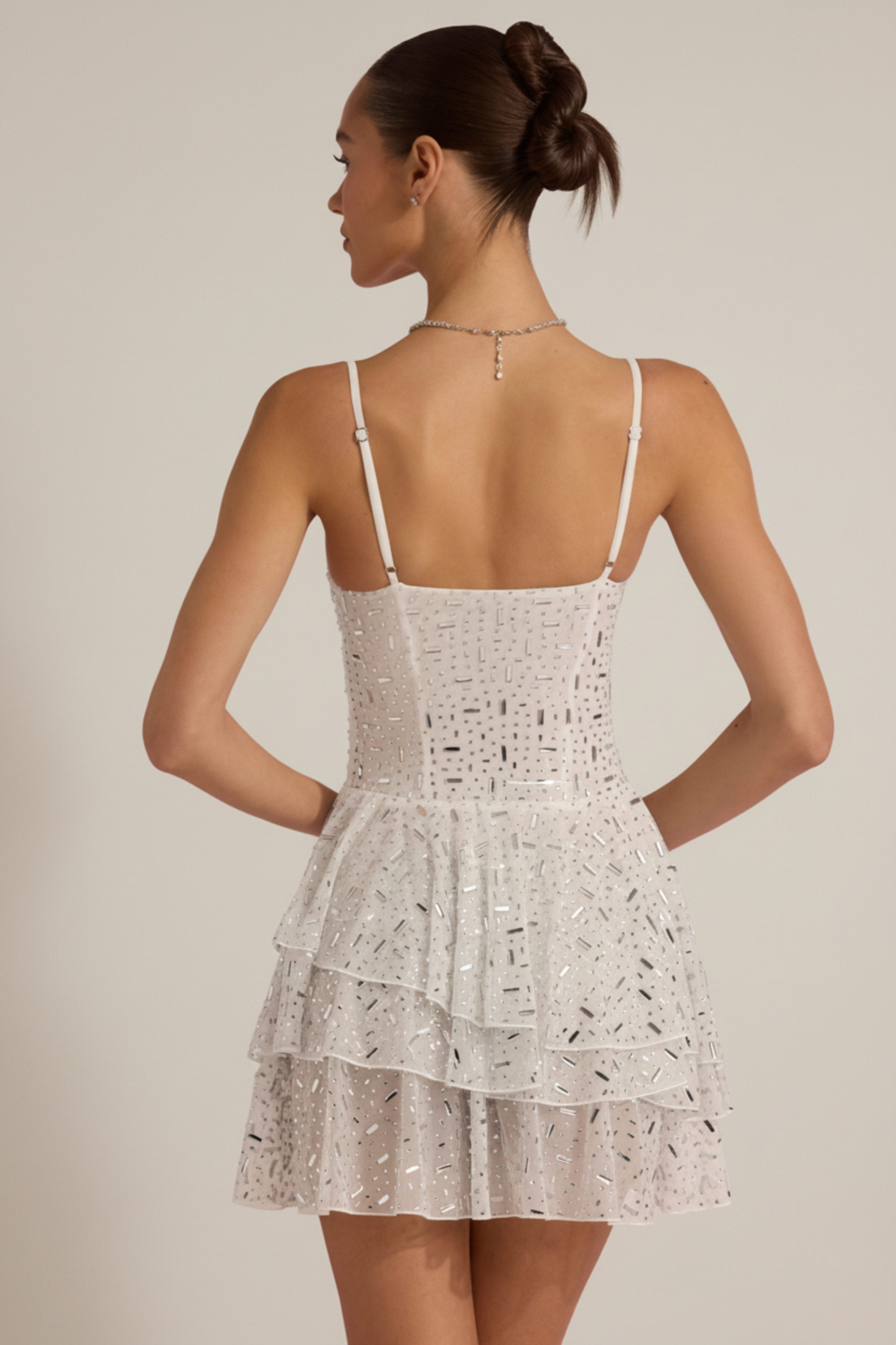 Embellished Ruffled Tiered Mini Dress in White