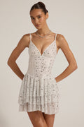 Embellished Ruffled Tiered Mini Dress in White