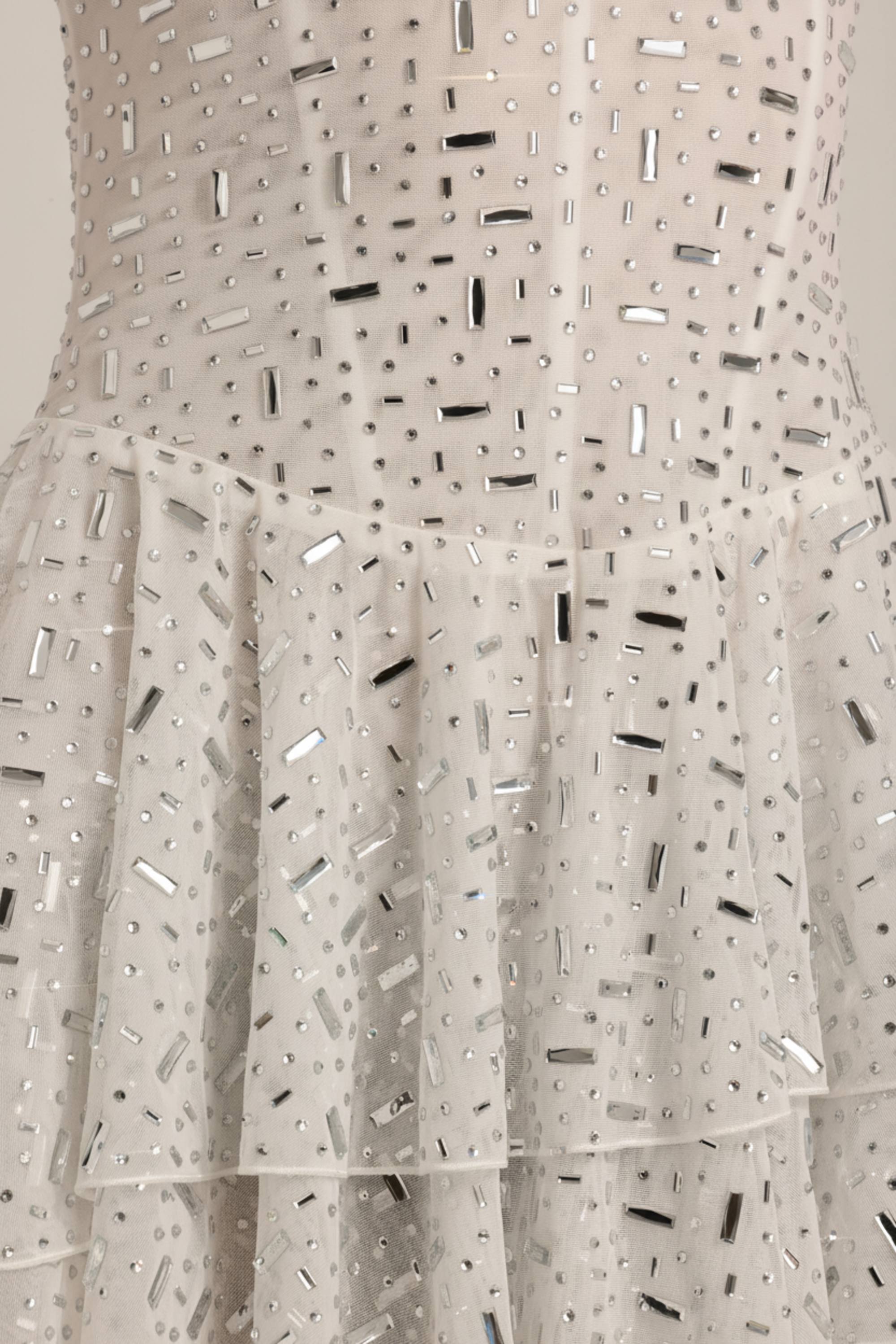 Embellished Ruffled Tiered Mini Dress in White