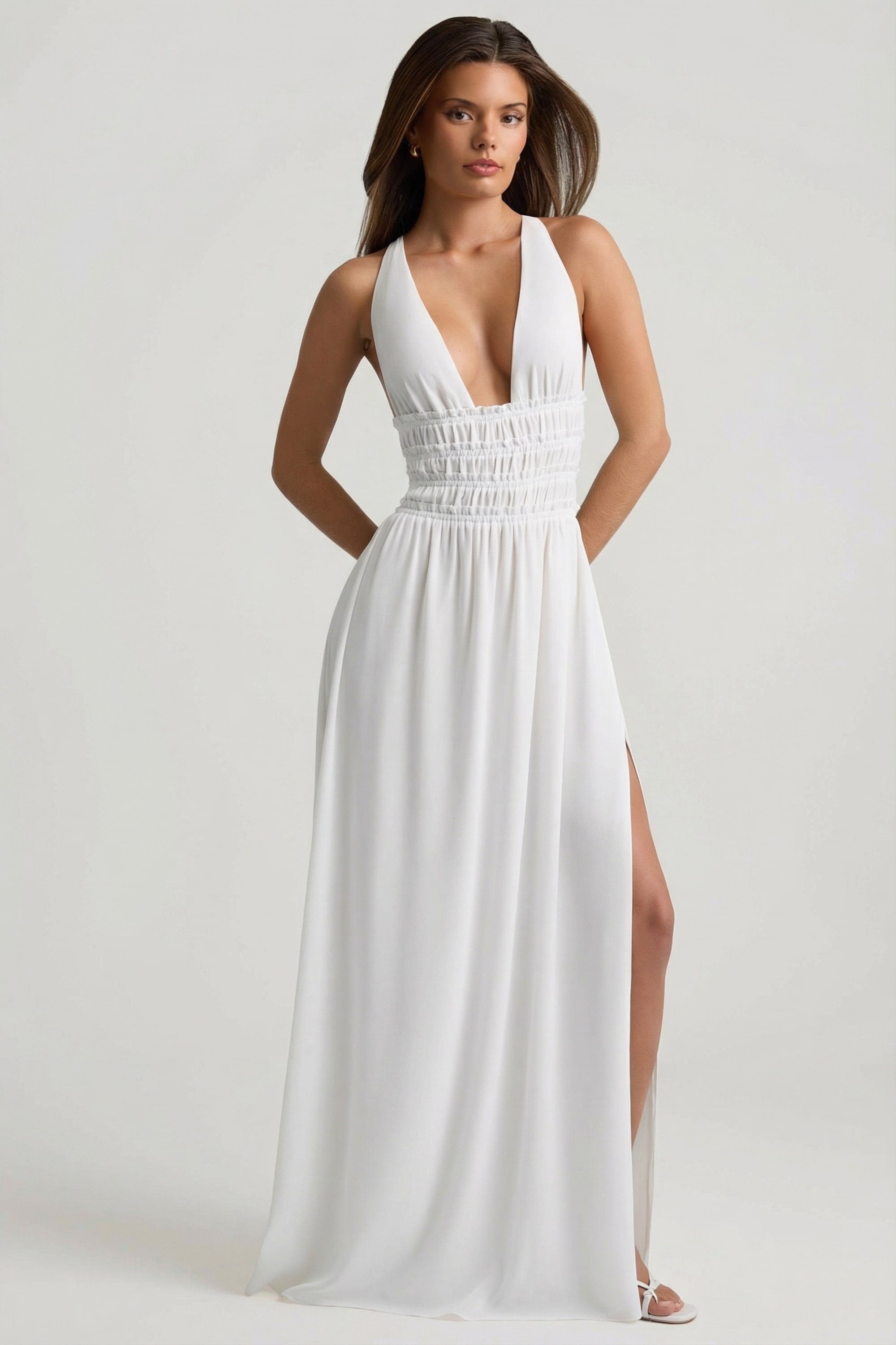 Plunge Cross-Back Maxi Dress in White