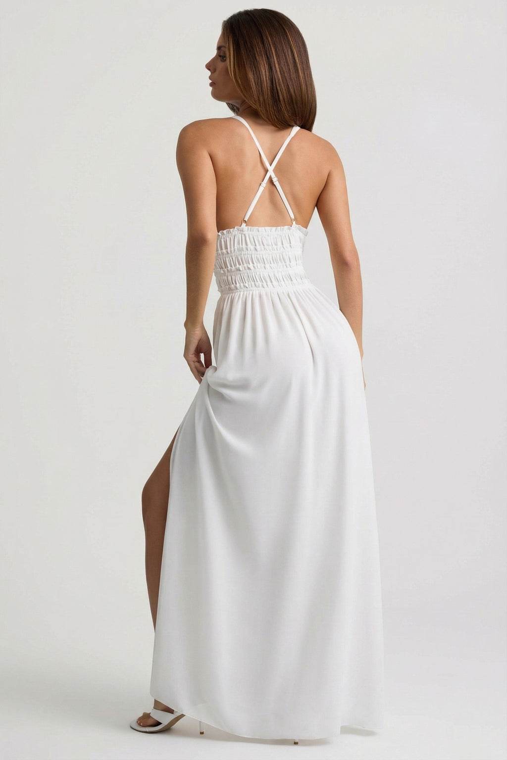 Plunge Cross-Back Maxi Dress in White