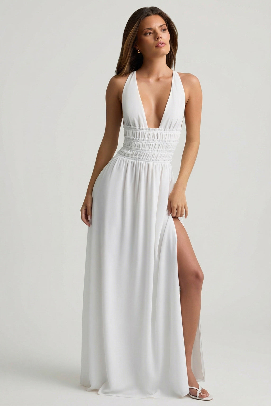 Plunge Cross-Back Maxi Dress in White