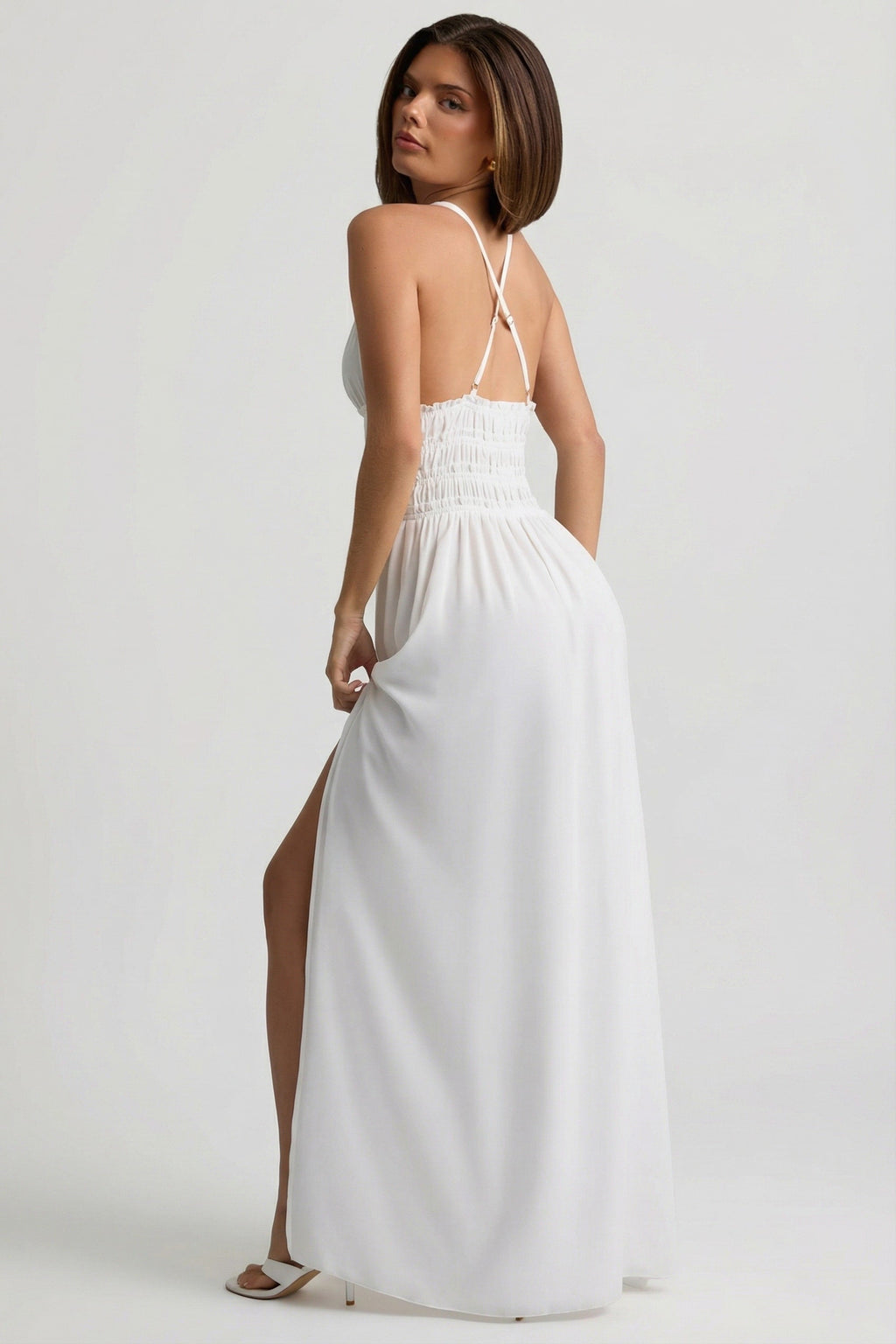 Plunge Cross-Back Maxi Dress in White