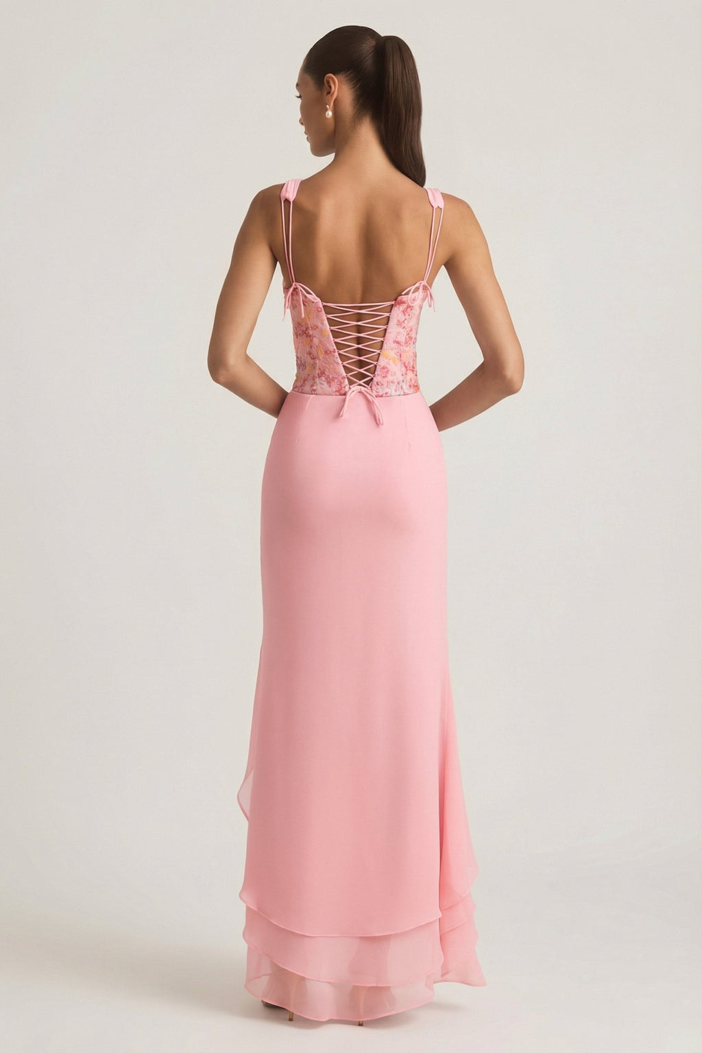 Embellished Plunge Ruffled Corset Maxi Dress in Pink