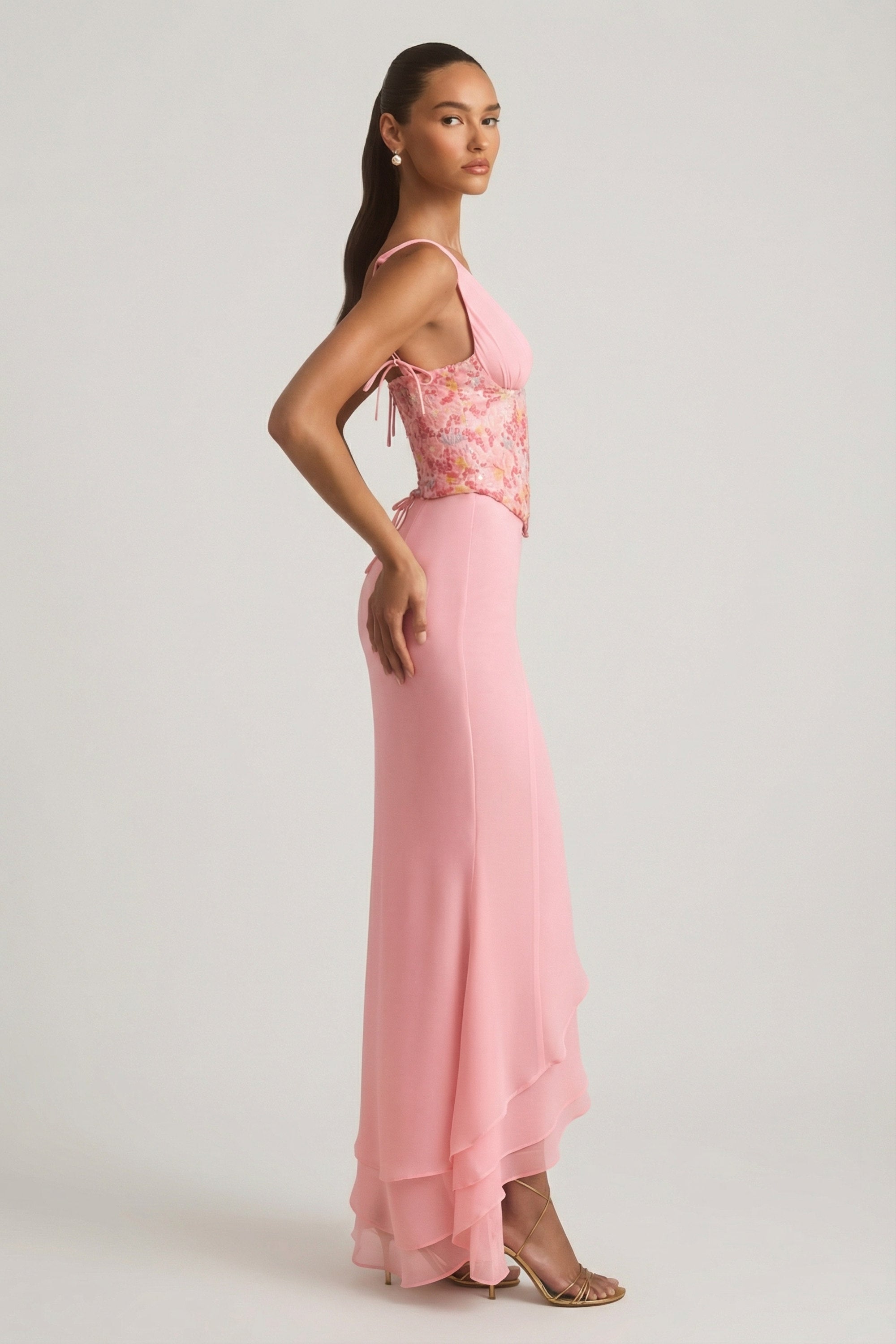 Embellished Plunge Ruffled Corset Maxi Dress in Pink