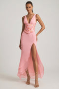 Embellished Plunge Ruffled Corset Maxi Dress in Pink
