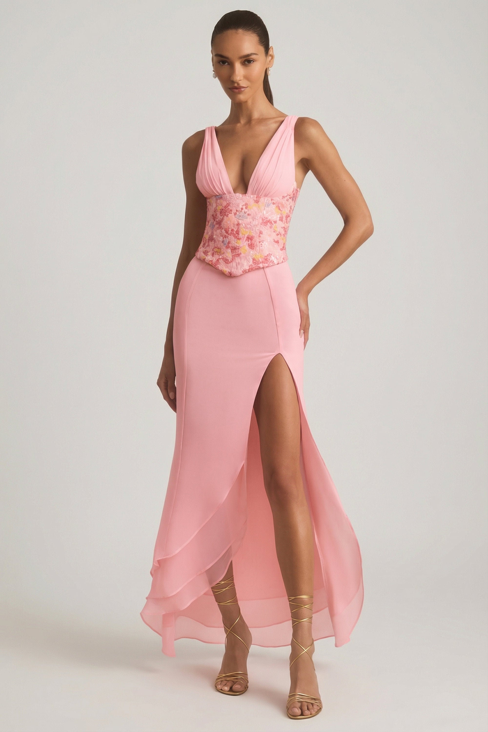Embellished Plunge Ruffled Corset Maxi Dress in Pink