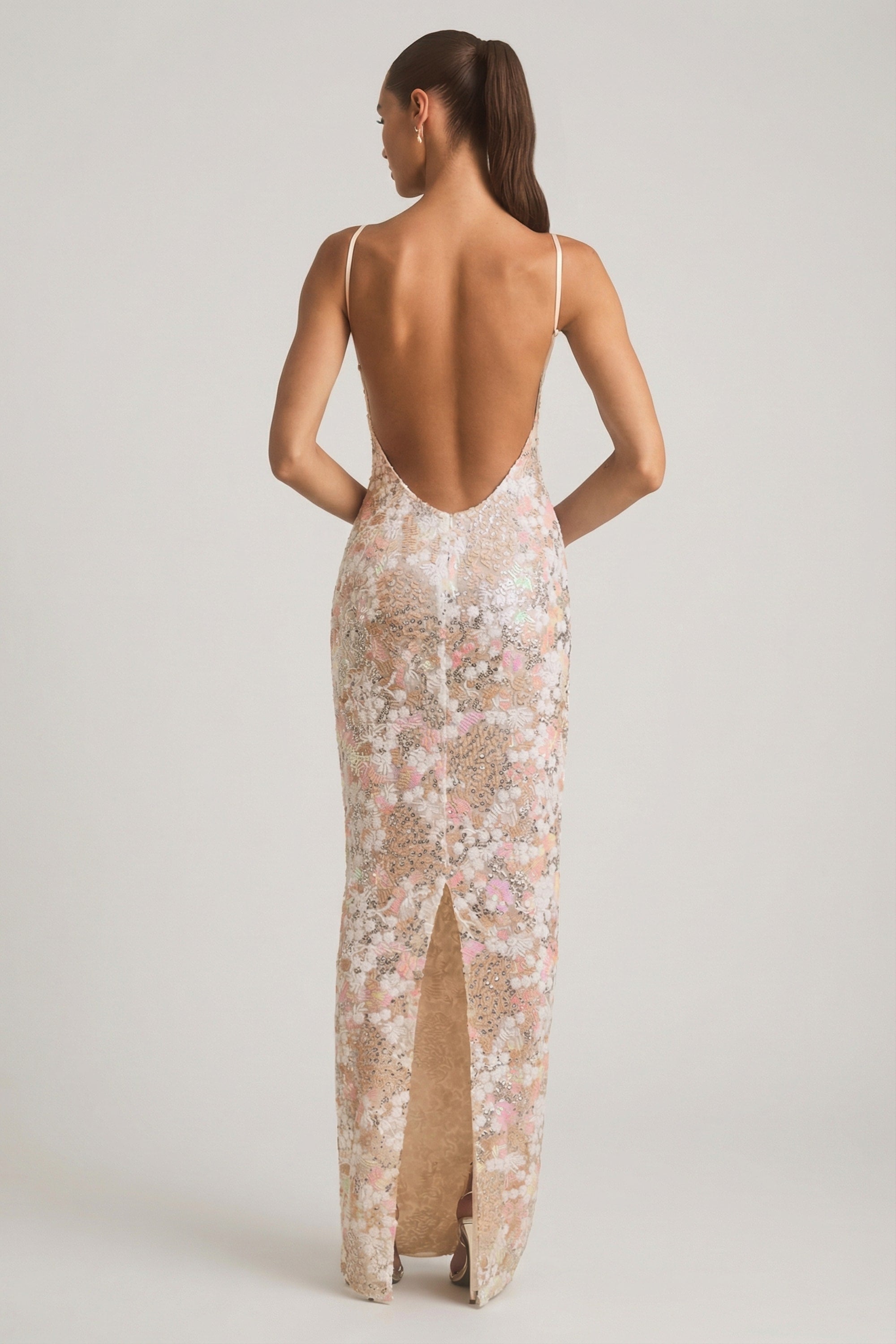 Embellished Scoop-Neck Backless Maxi Dress in Ivory