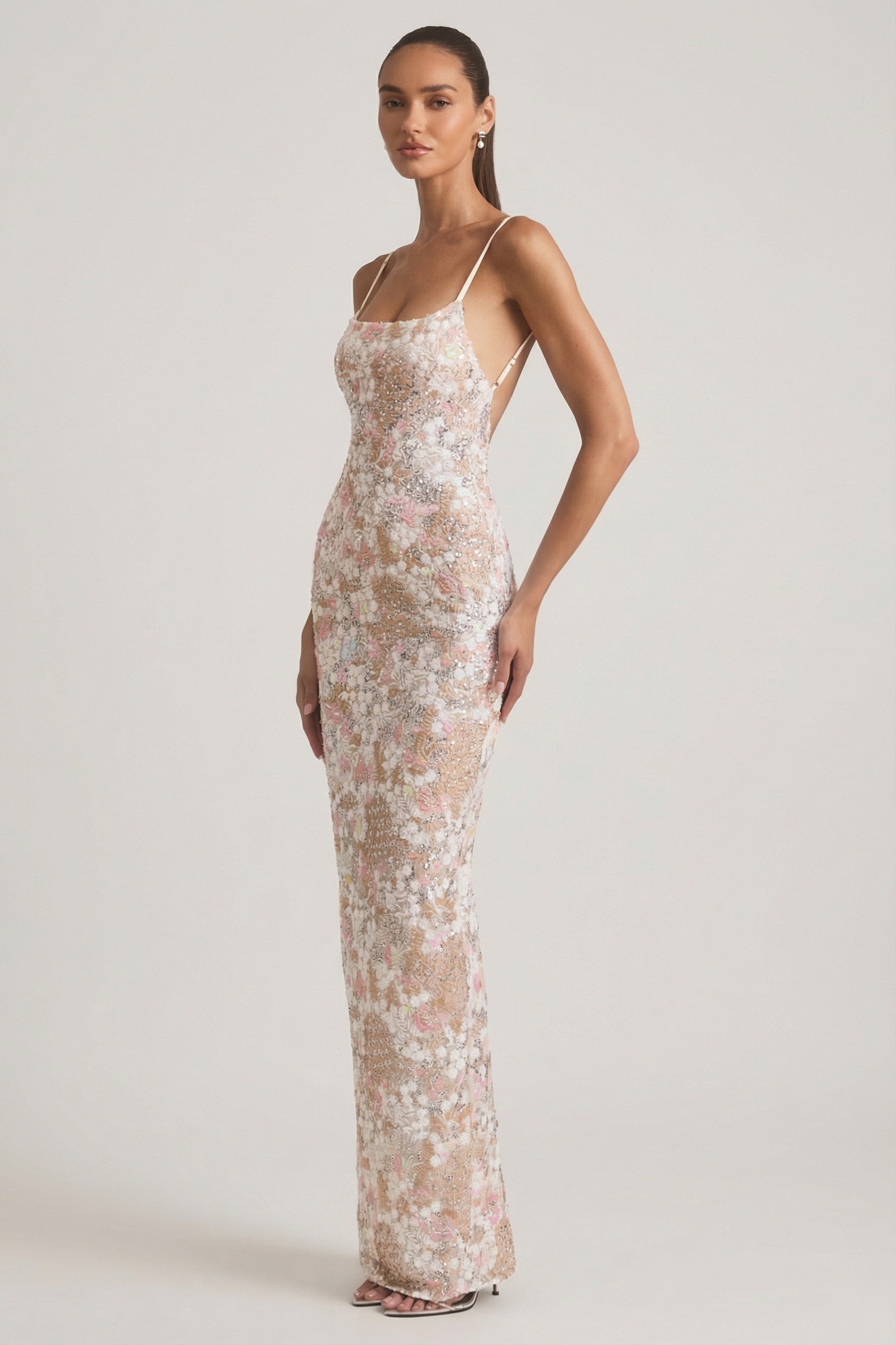 Embellished Scoop-Neck Backless Maxi Dress in Ivory