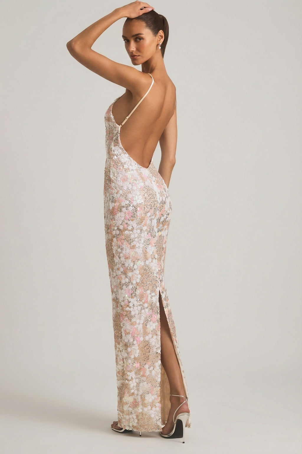 Embellished Scoop-Neck Backless Maxi Dress in Ivory