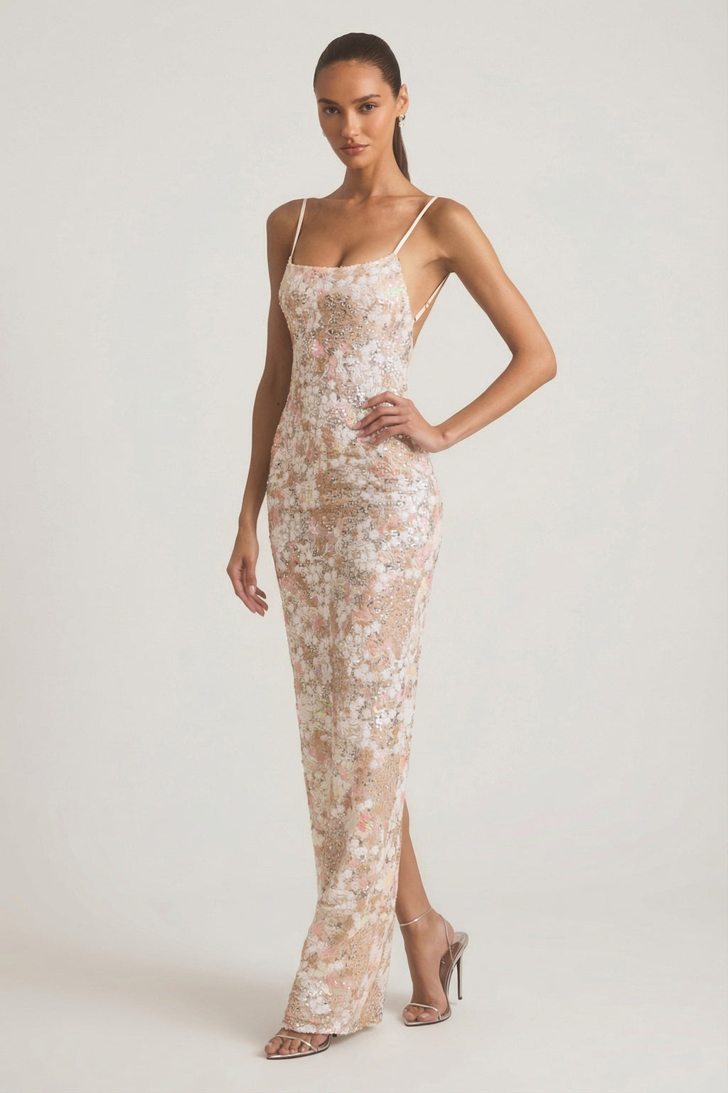 Embellished Scoop-Neck Backless Maxi Dress in Ivory