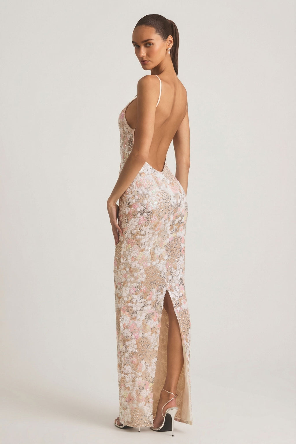 Embellished Scoop-Neck Backless Maxi Dress in Ivory