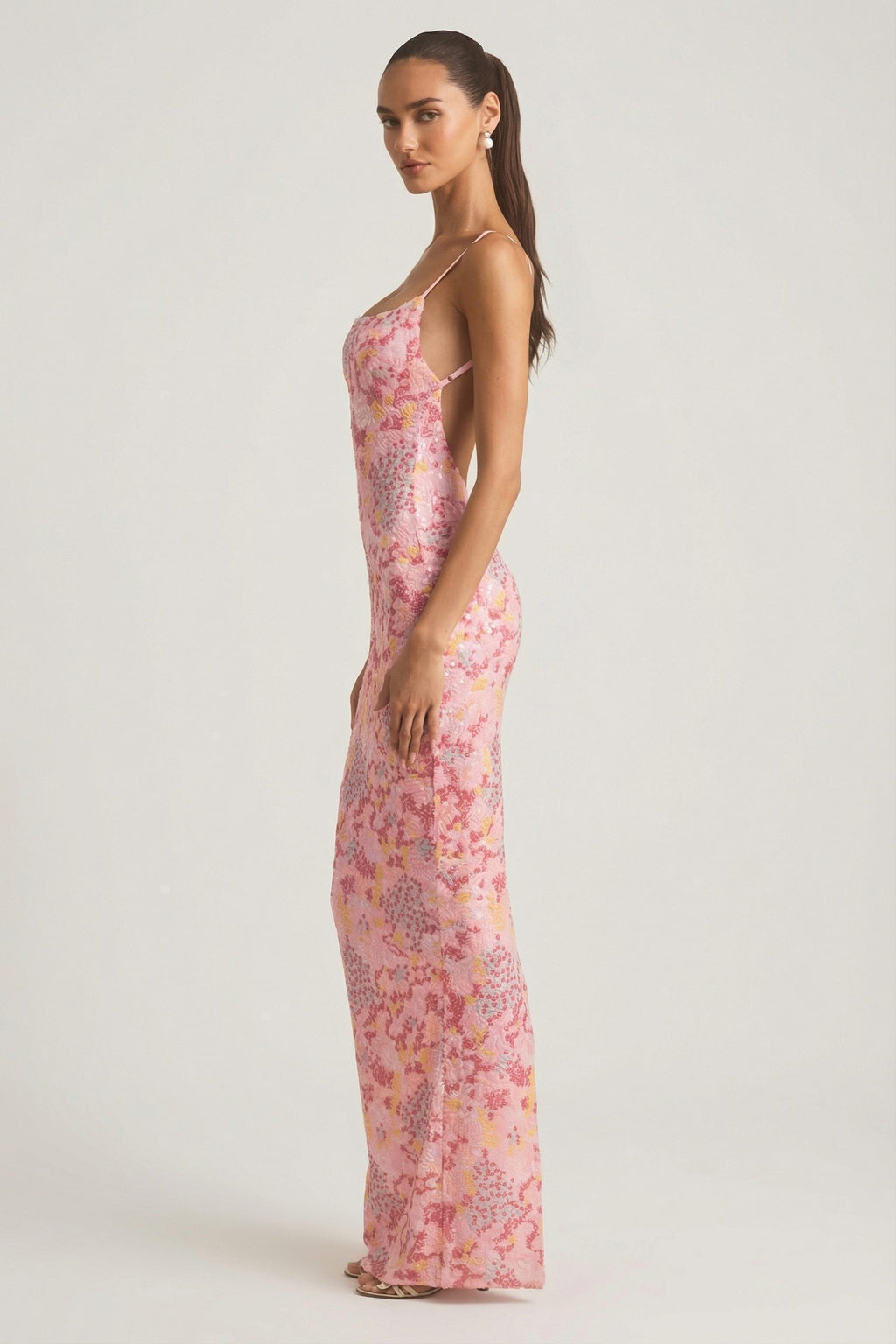 Embellished Scoop-Neck Backless Maxi Dress in Pink