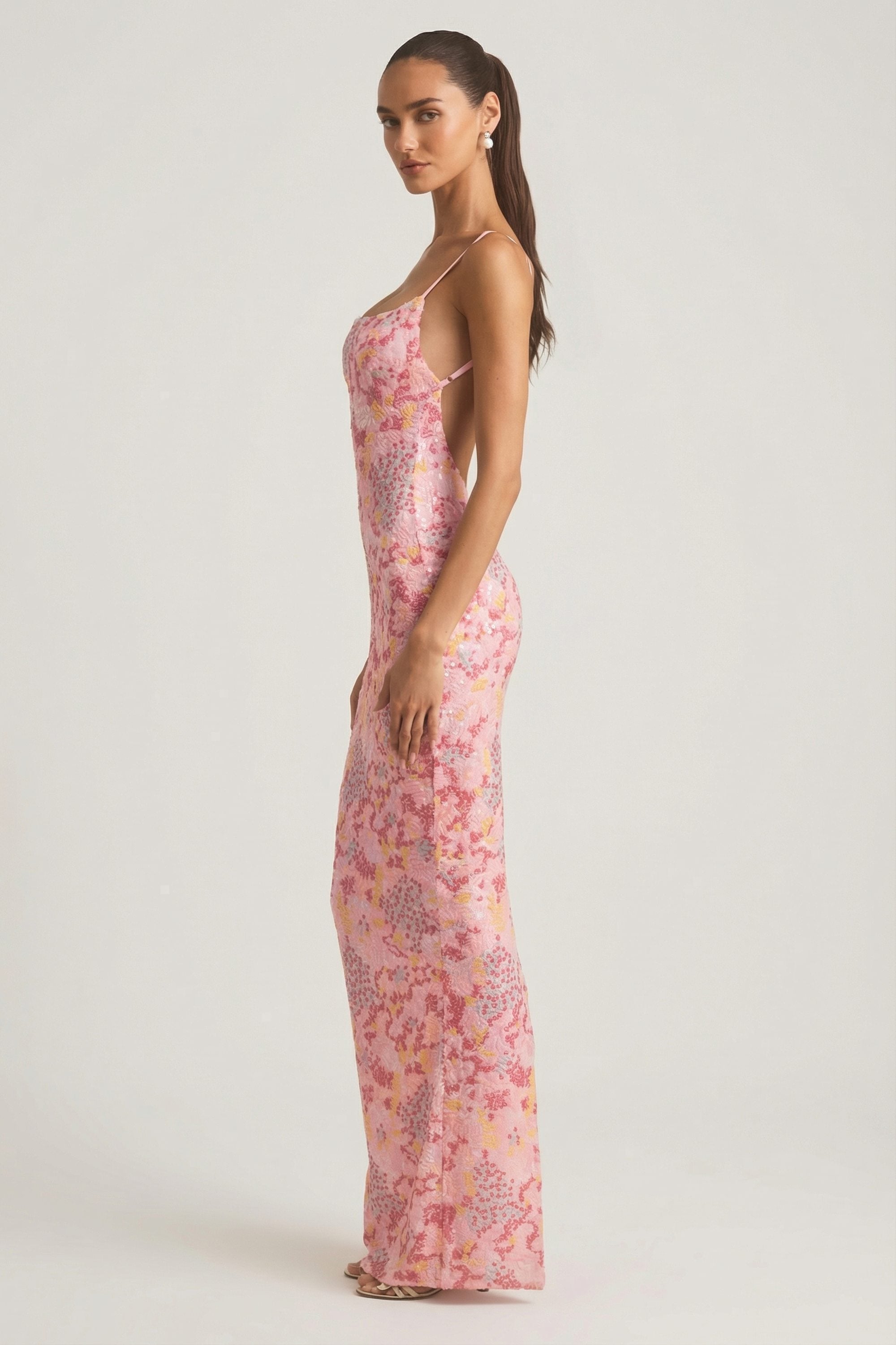 Embellished Scoop-Neck Backless Maxi Dress in Pink