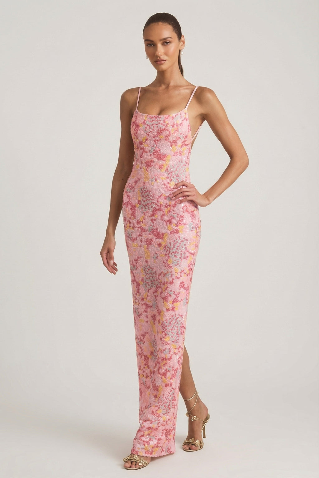 Embellished Scoop-Neck Backless Maxi Dress in Pink