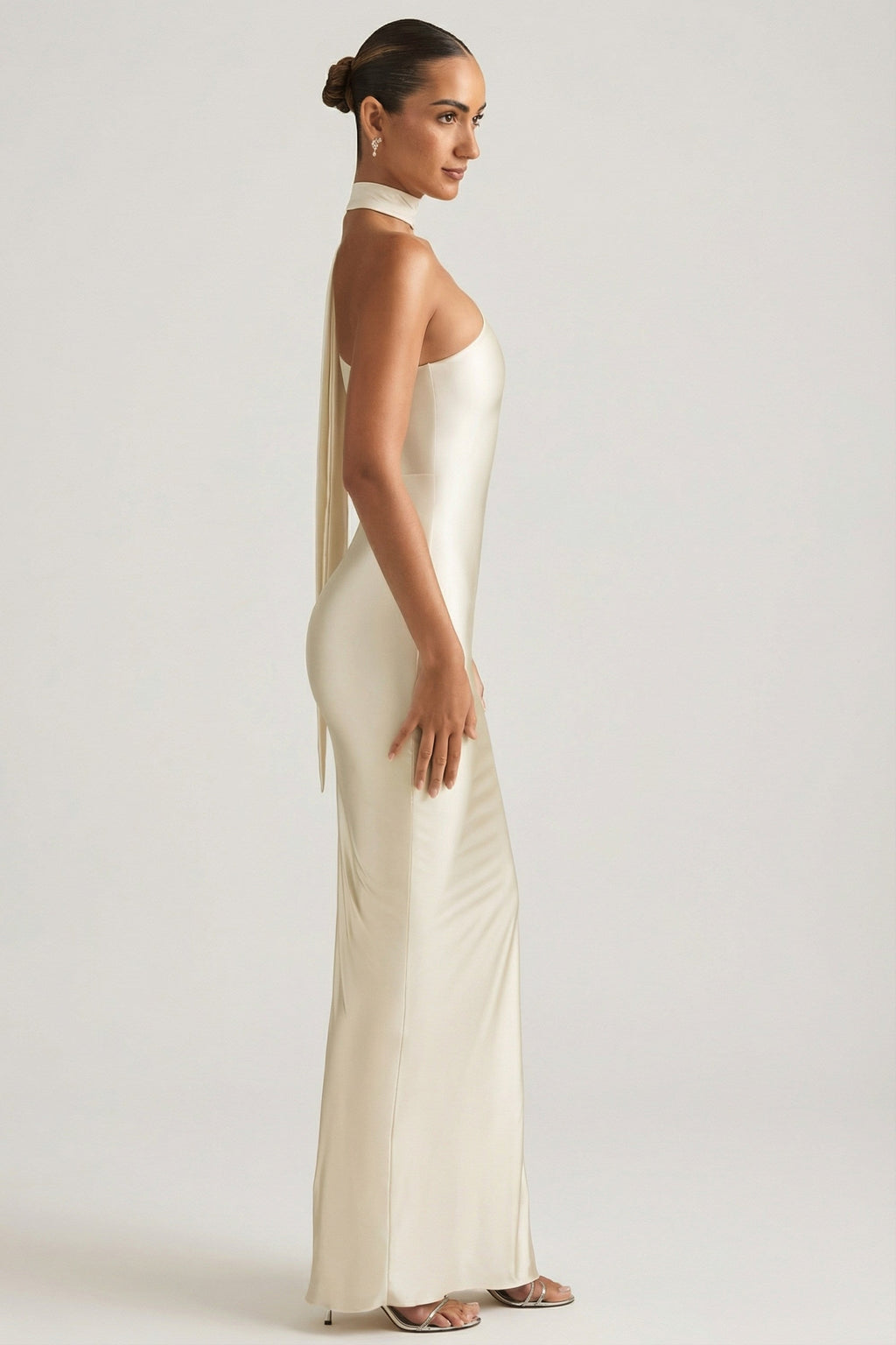 Asymmetric Scarf-Detail Maxi Dress in Ivory