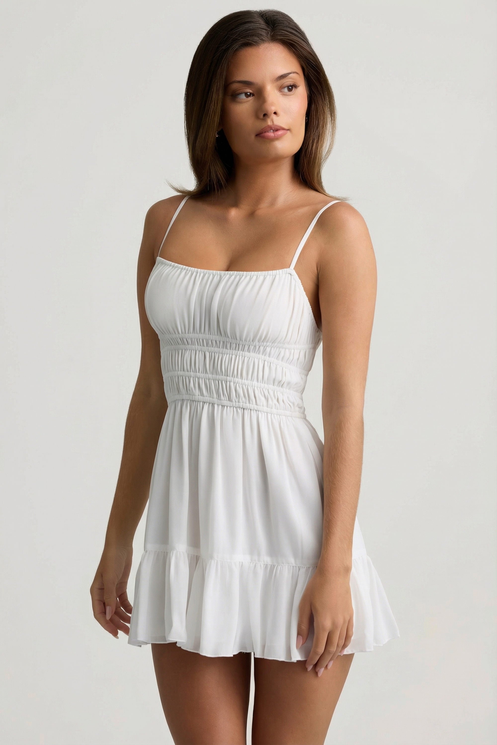 Shirred Camisole Mini Dress in White