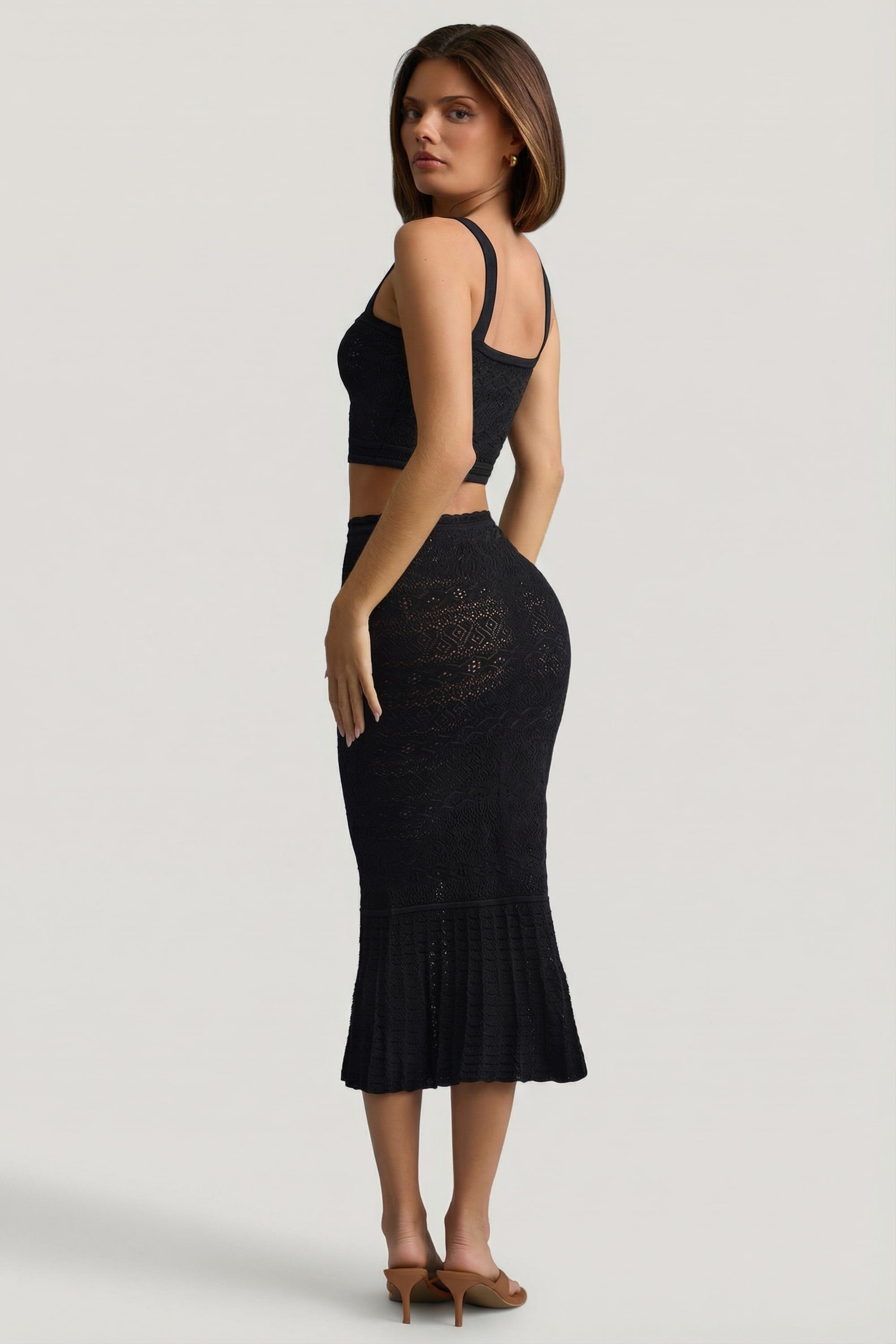 Ruffle-Trim Pointelle-Knit Midaxi Skirt in Black