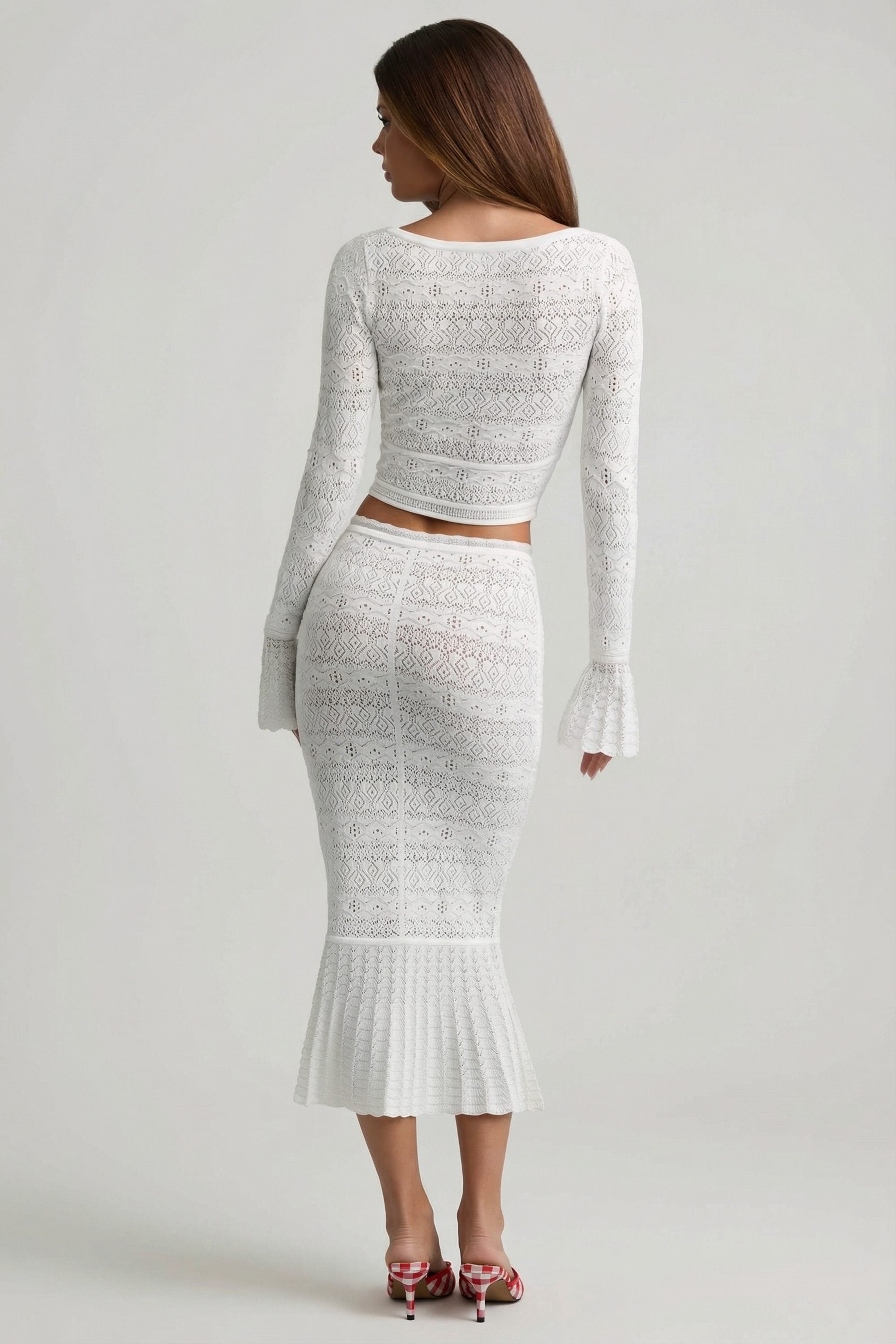 Ruffle-Trim Pointelle-Knit Midaxi Skirt in White