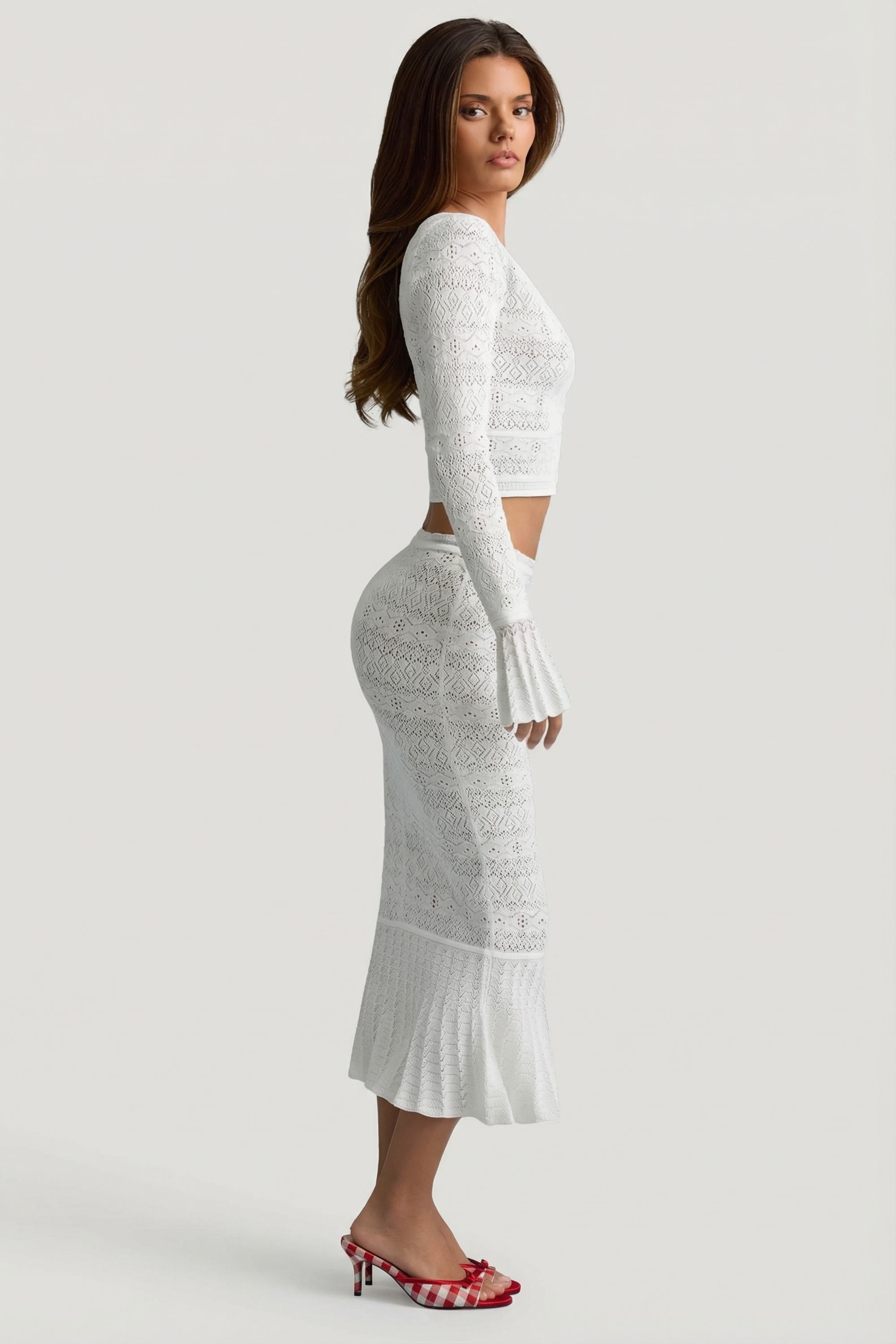 Ruffle-Trim Pointelle-Knit Midaxi Skirt in White
