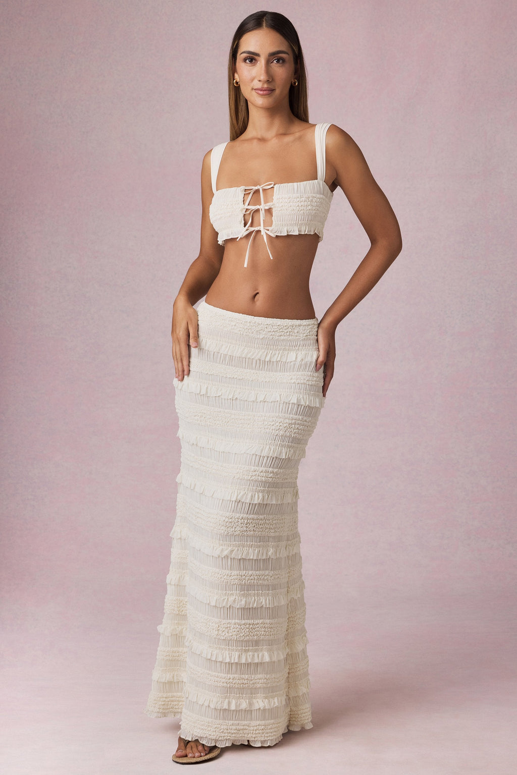Ruffled Mid-Rise Maxi Skirt in Ivory