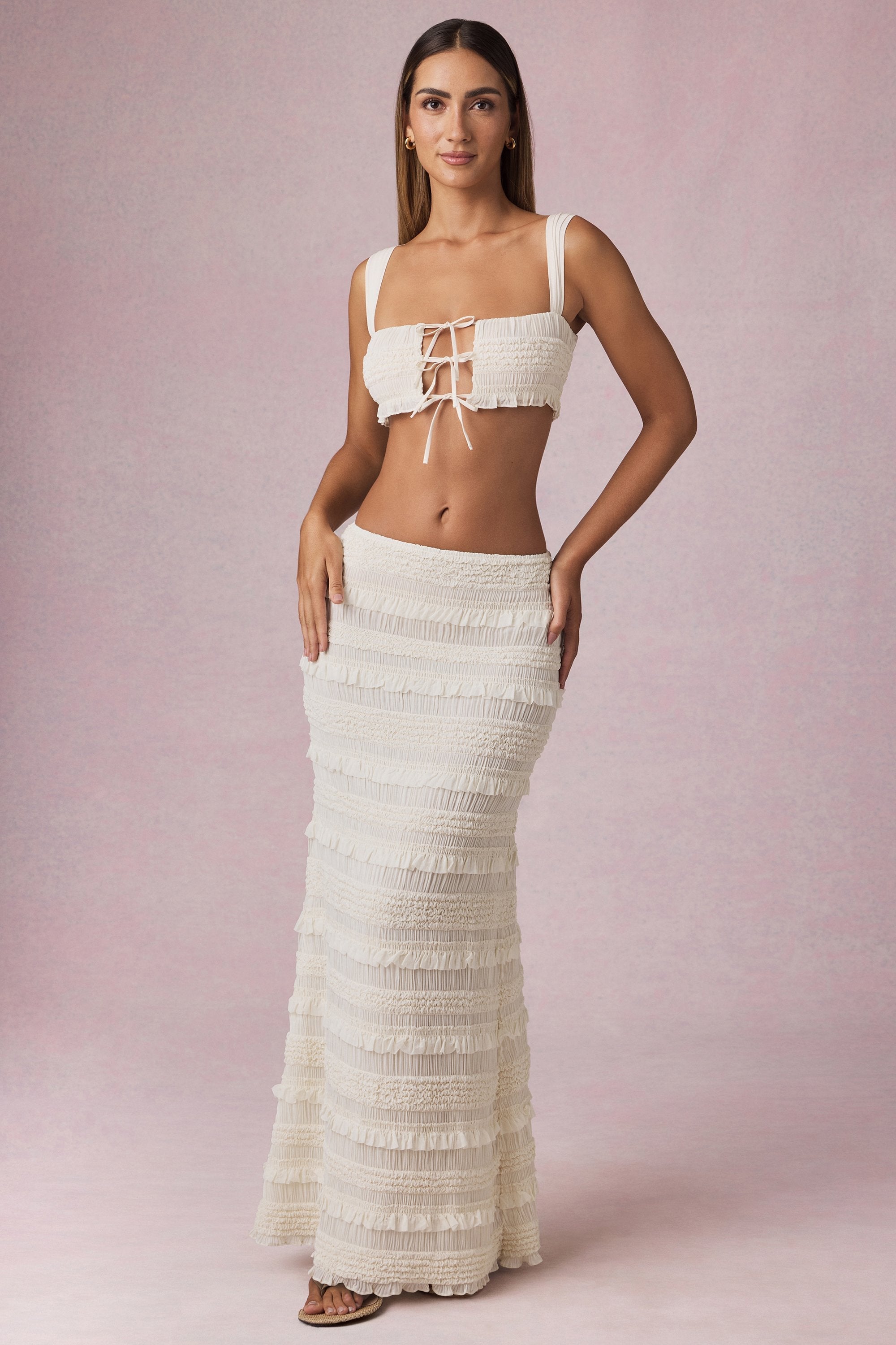 Ruffled Mid-Rise Maxi Skirt in Ivory