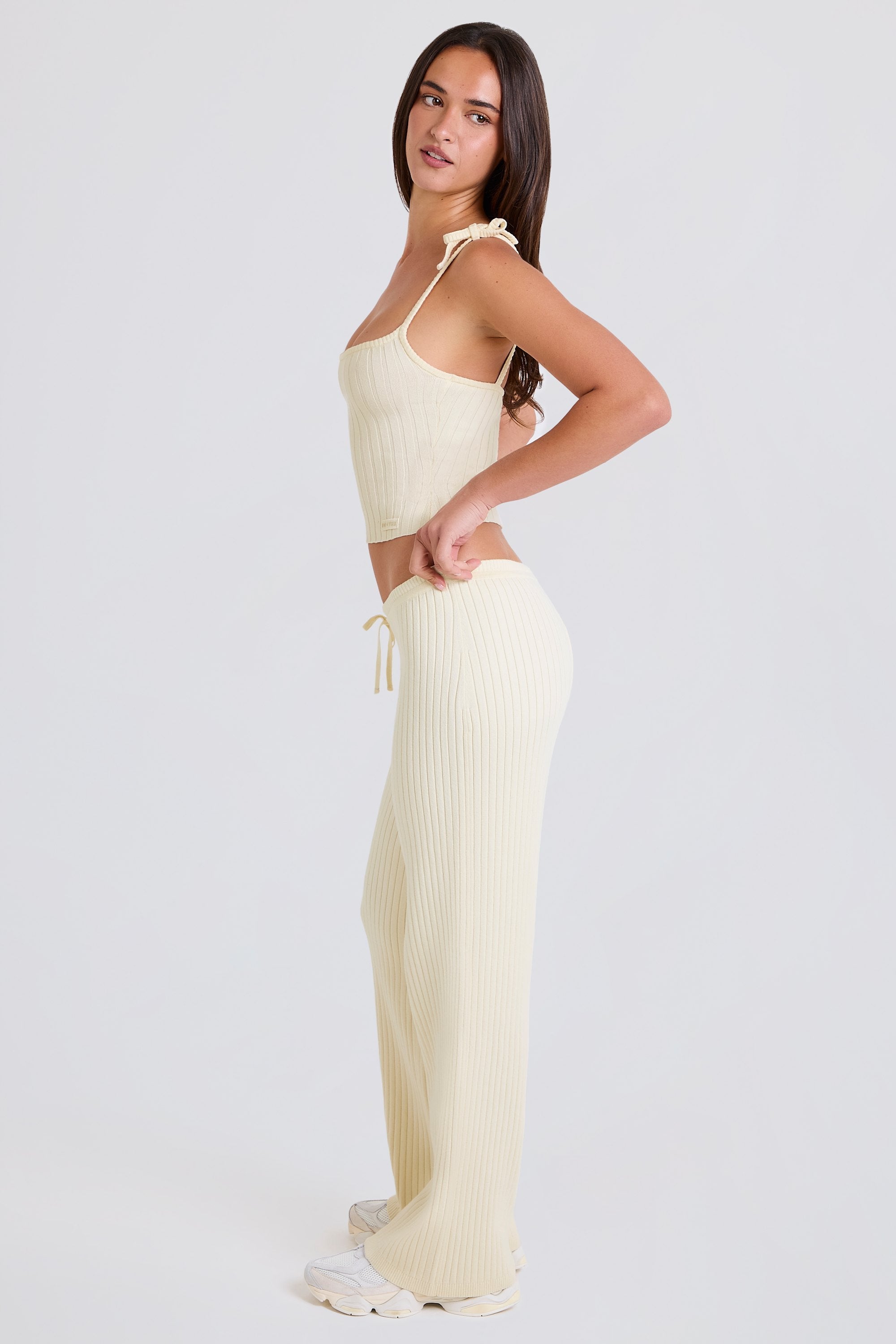 Ribbed Knit Wide-Leg Joggers in Cream