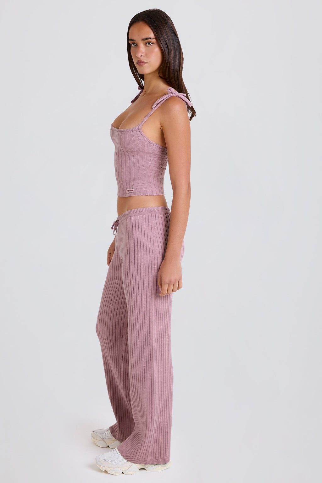 Ribbed Knit Wide-Leg Joggers in Mauve