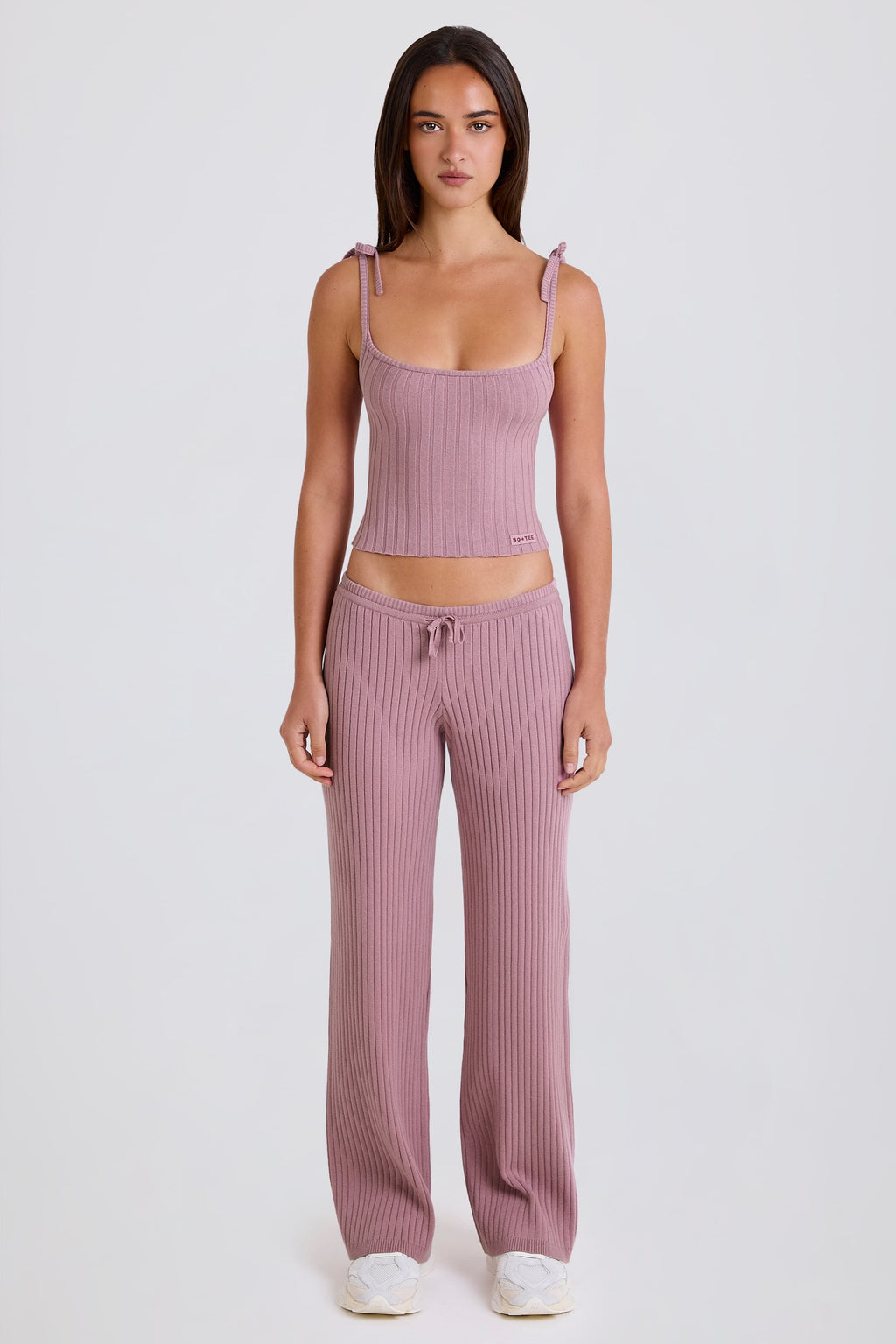 Ribbed Knit Wide-Leg Joggers in Mauve