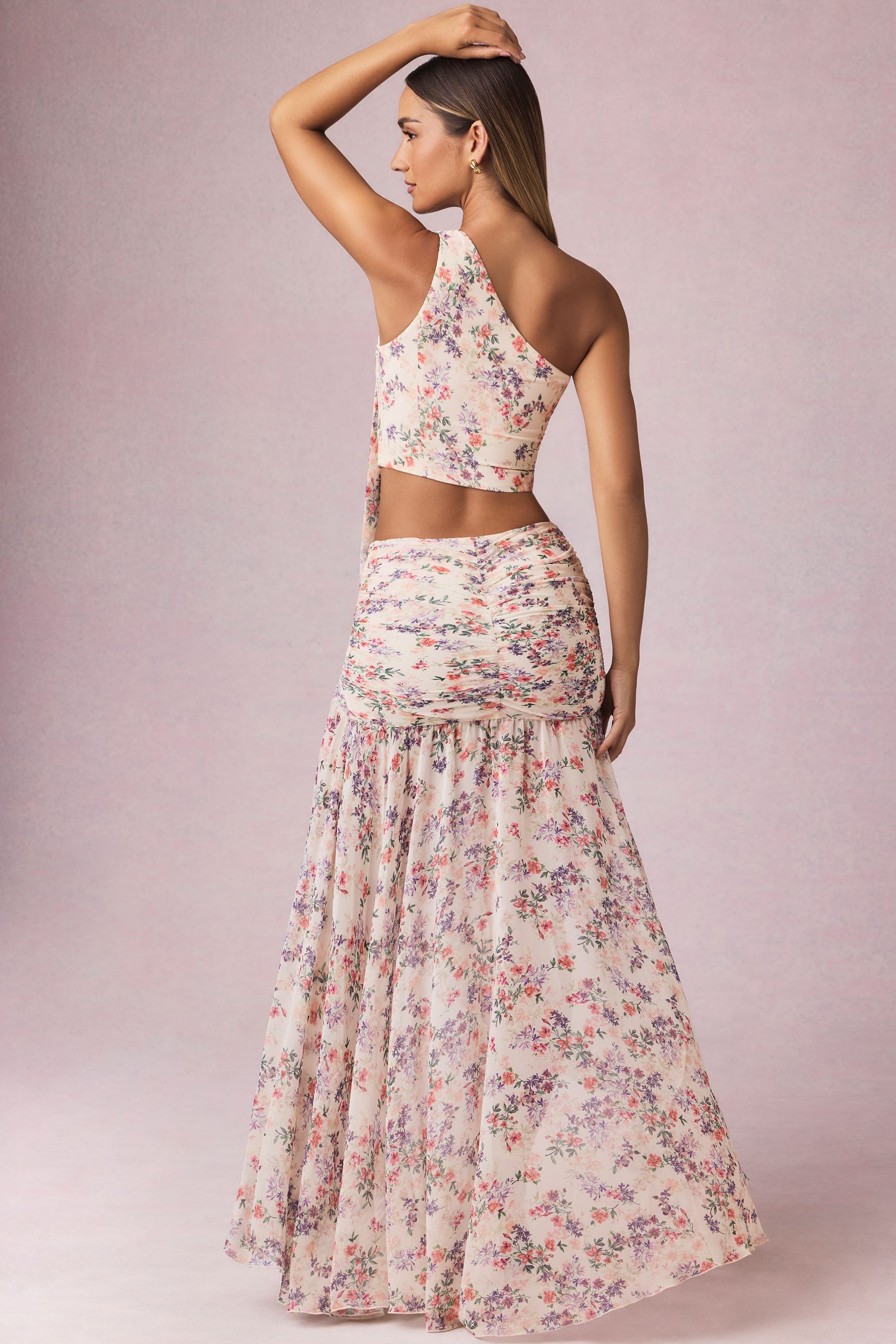 Asymmetric Ruched Maxi Skirt in Primrose Floral Print