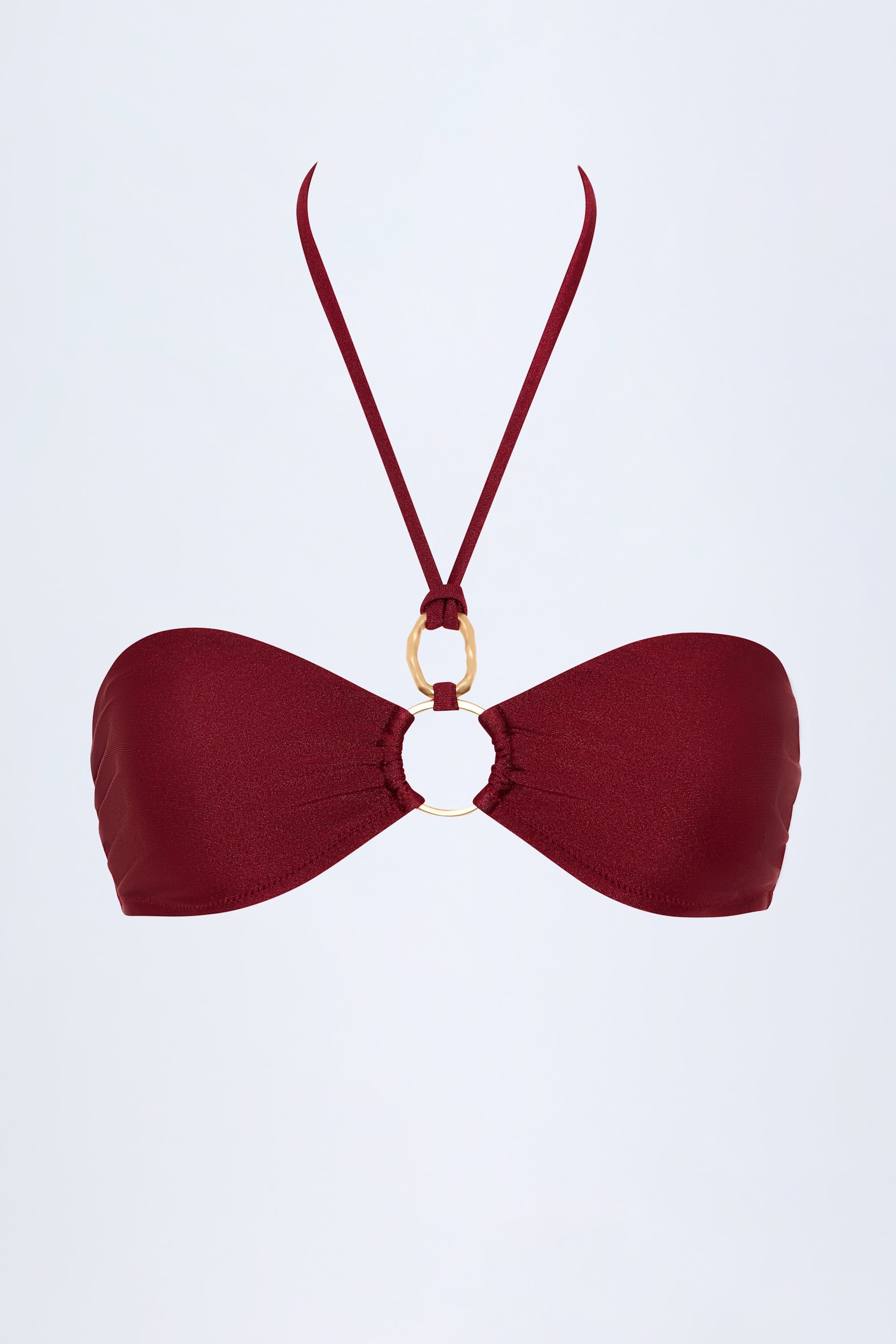 Hardware-Detail Ruched Halterneck Bikini Top in Dark Cherry