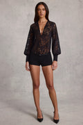 Sheer Lace Plunge-Neck Loose-Fit Playsuit in Black