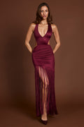 Fringed Plunge-Neck Maxi Dress in Wine Red