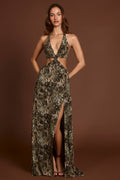 Plunge Cut-out Maxi Gown in Leopard Print