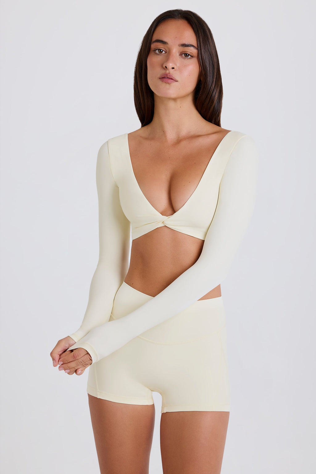 Four-Way Stretch Multiway Long-Sleeve Crop Top in Cream