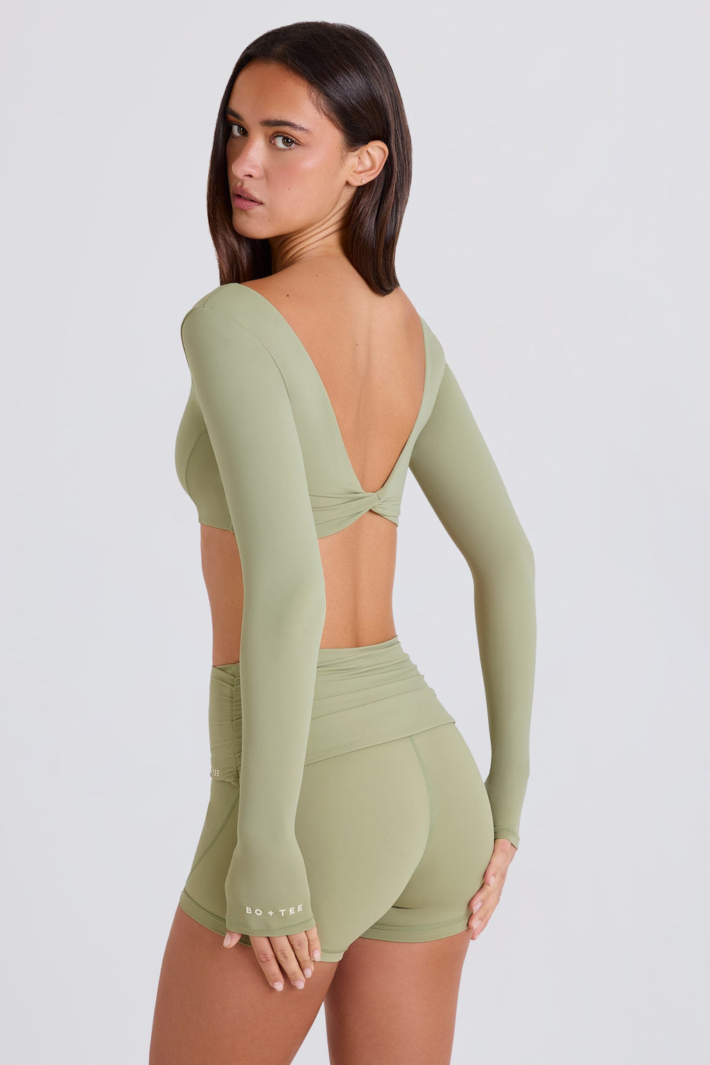 Four-Way Stretch Multiway Long-Sleeve Crop Top in Matcha