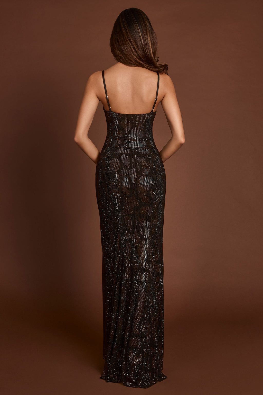 Embellished Peekaboo Cowl-Neck Dress in Brown Snake
