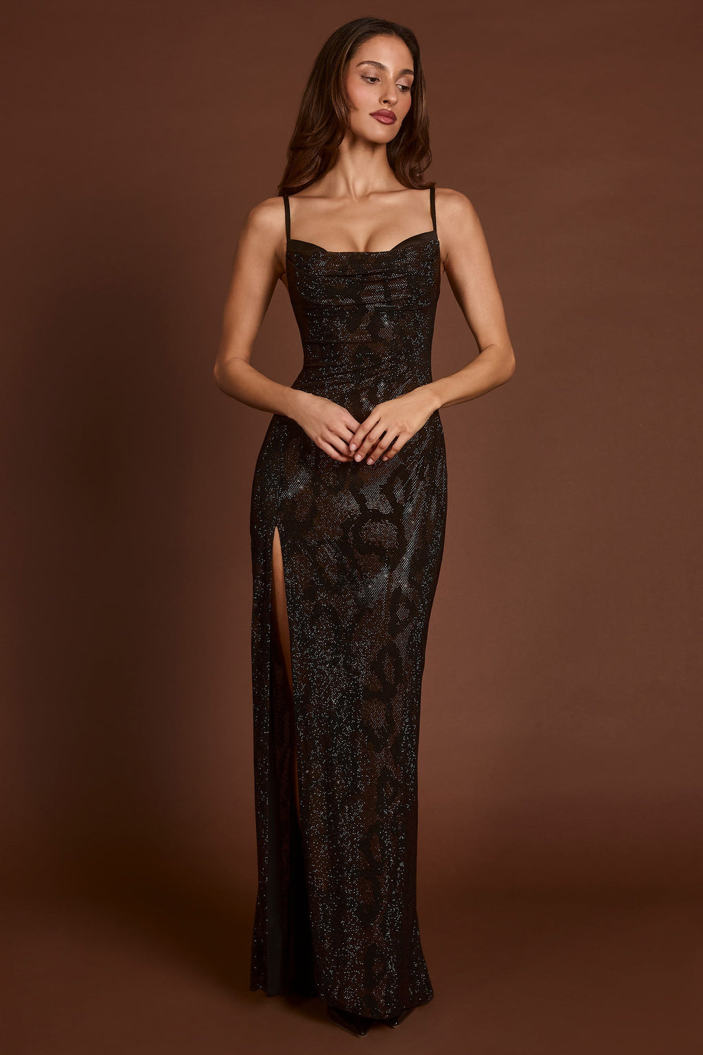 Embellished Peekaboo Cowl-Neck Dress in Brown Snake