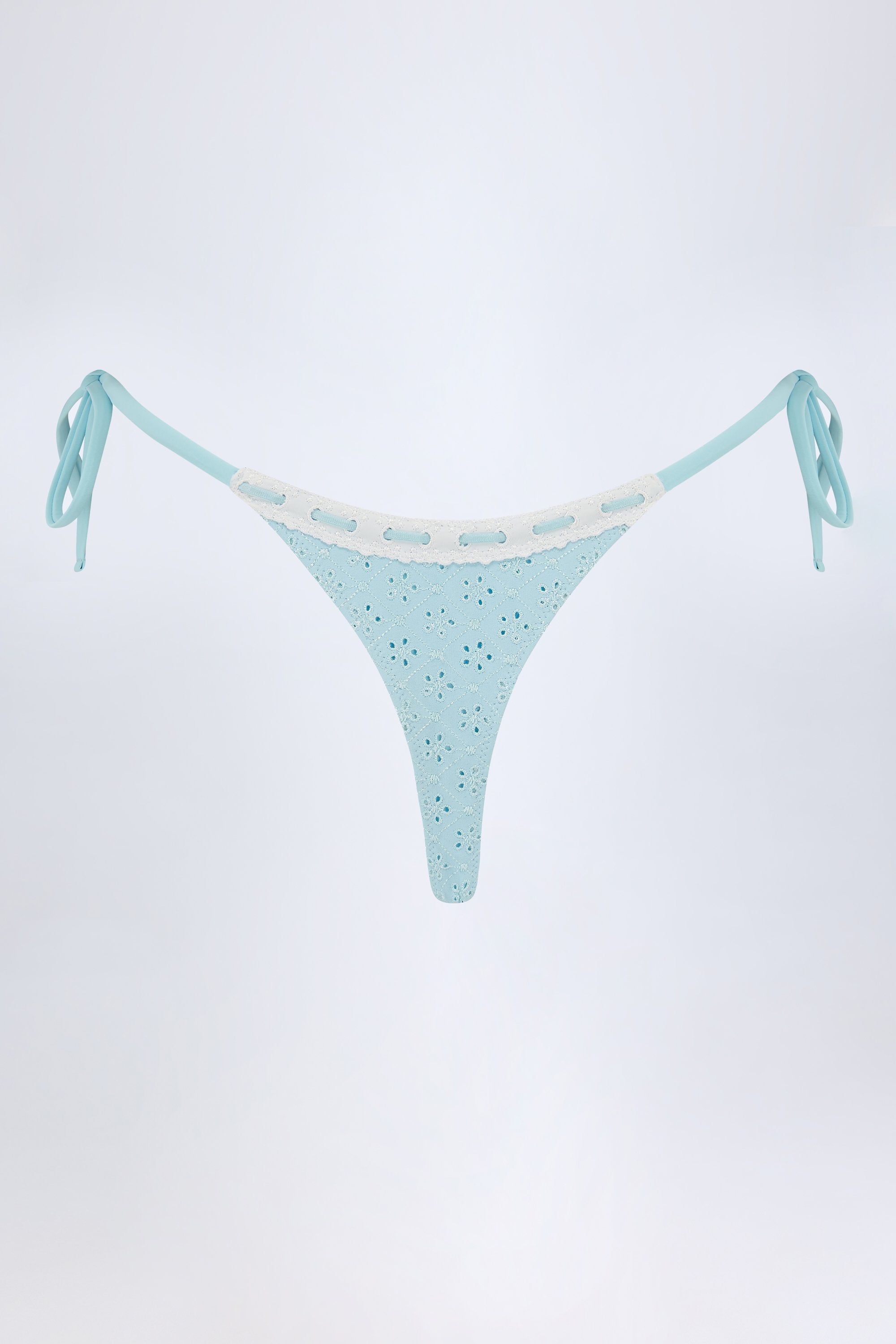 Broderie Anglaise Side-Tie Thong Bikini Bottoms in Powder Blue