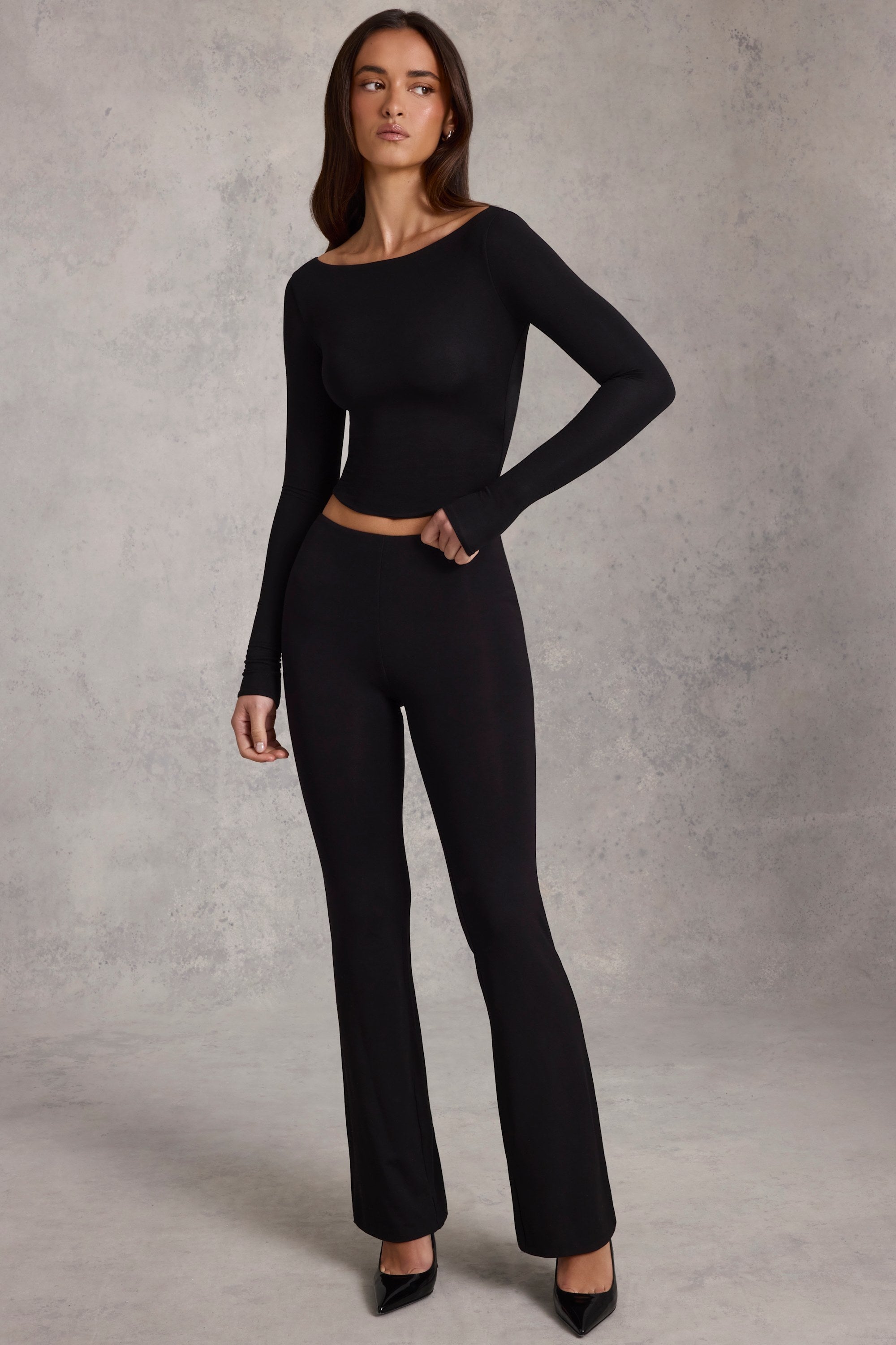 Modal Mid-Rise Flared Trousers in Black
