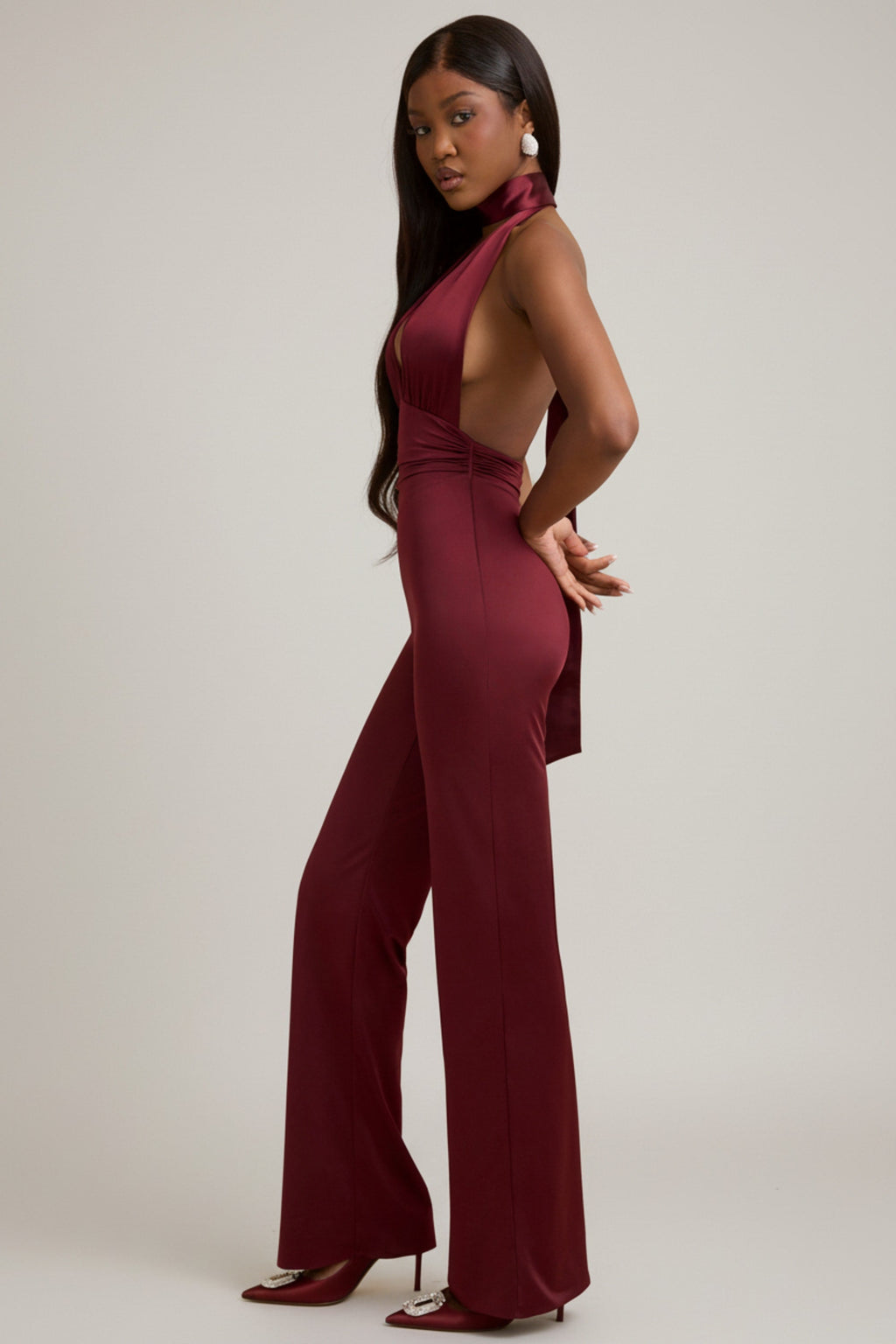 Scarf-Detail Halterneck Jumpsuit in Wine Red