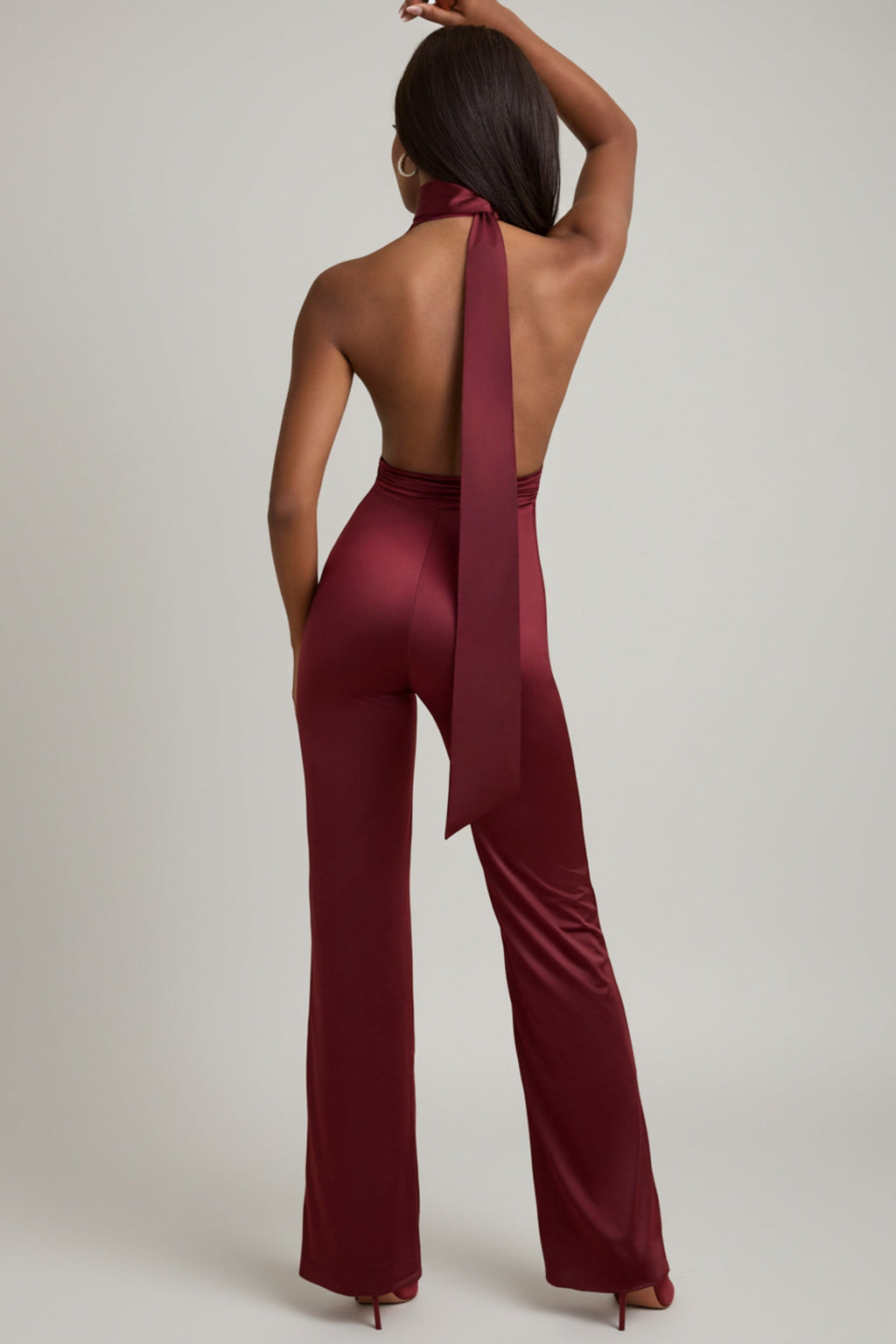 Scarf-Detail Halterneck Jumpsuit in Wine Red