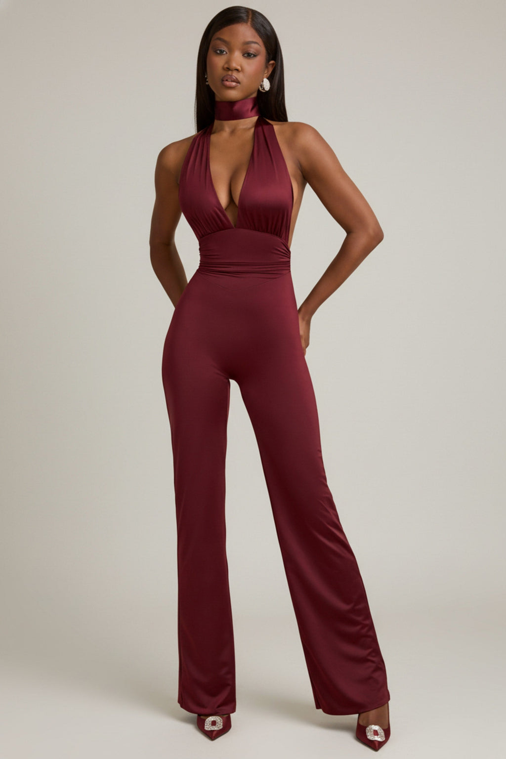 Scarf-Detail Halterneck Jumpsuit in Wine Red