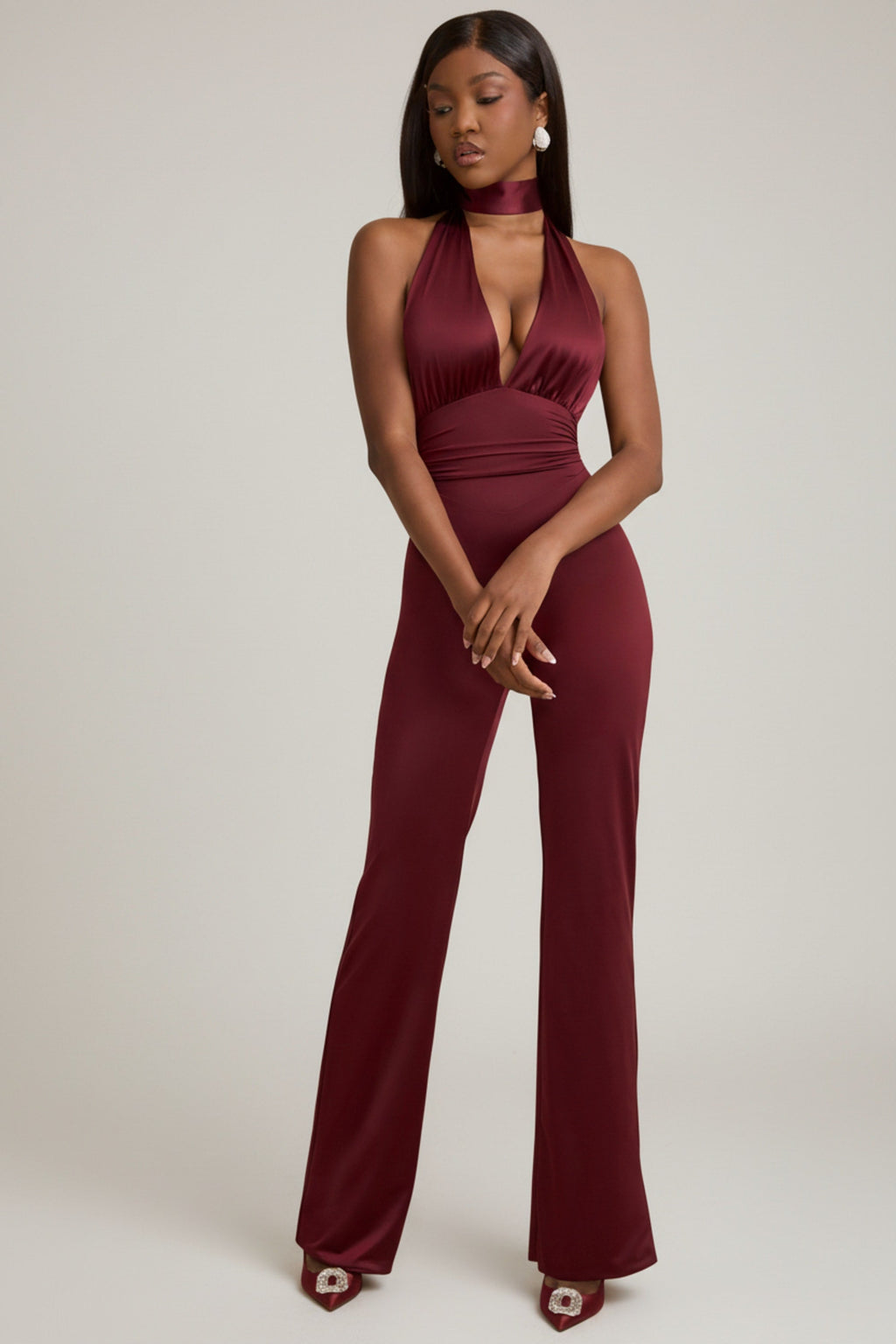 Scarf-Detail Halterneck Jumpsuit in Wine Red