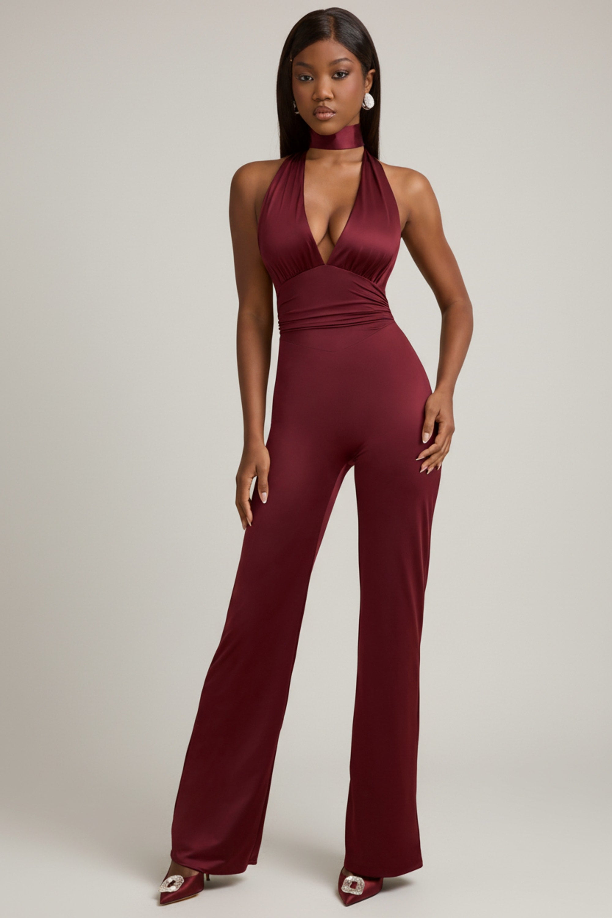Scarf-Detail Halterneck Jumpsuit in Wine Red