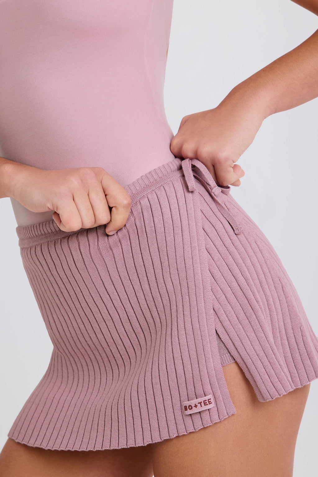 Ribbed Knit Tie Wrapover Skort in Mauve