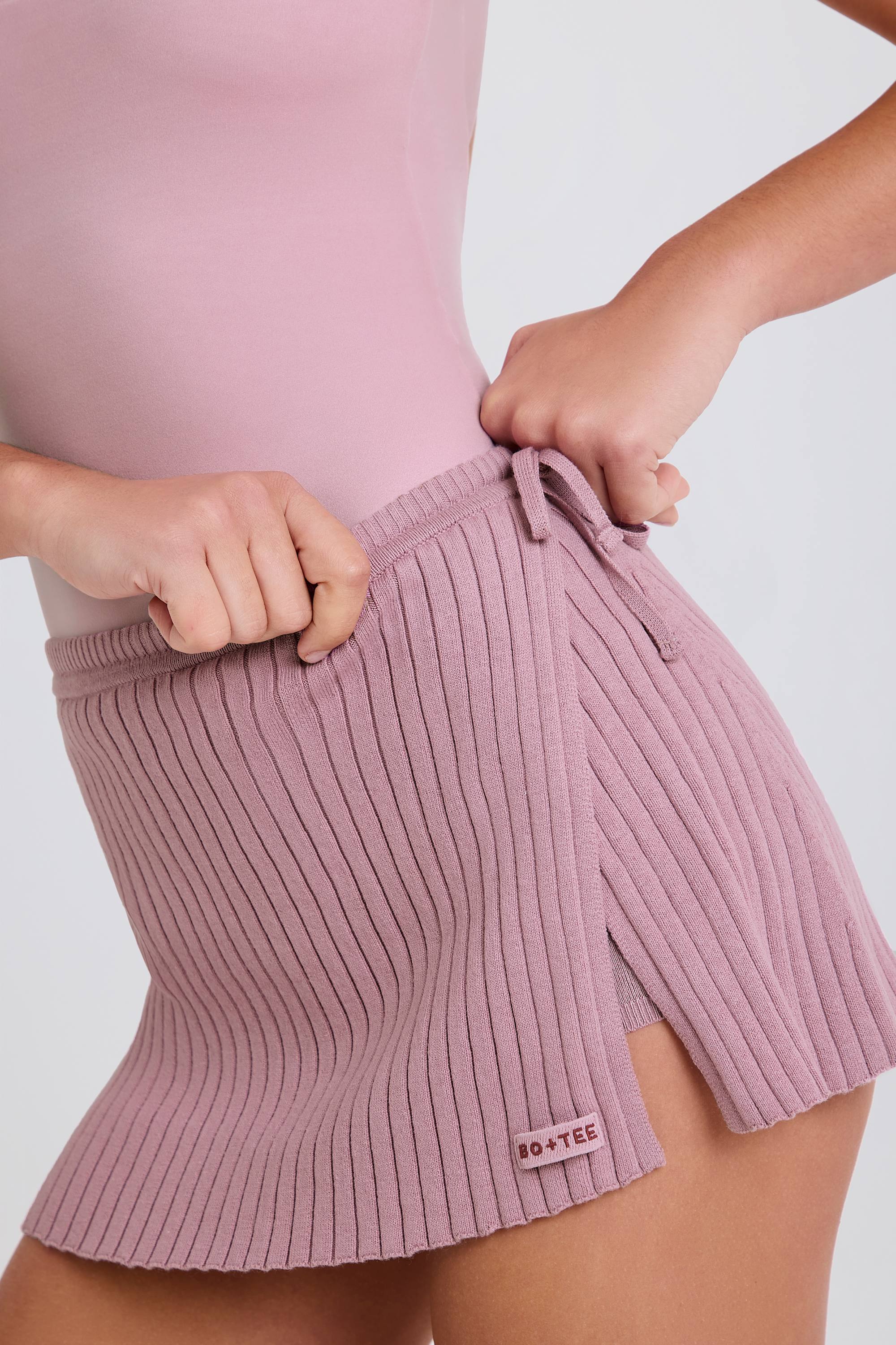 Ribbed Knit Tie Wrapover Skort in Mauve