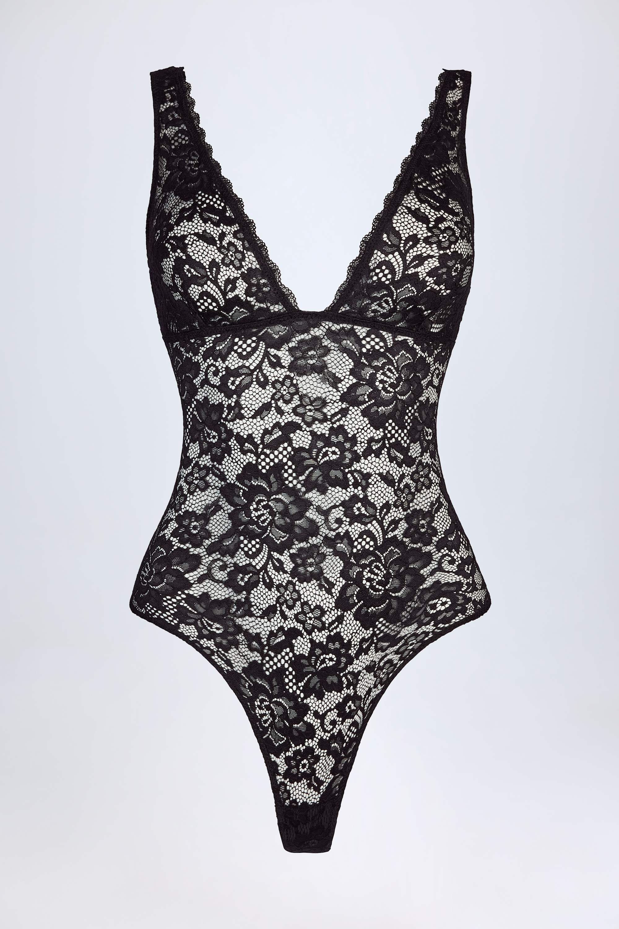 Sheer Lace Scalloped Plunge-Neck Bodysuit in Black