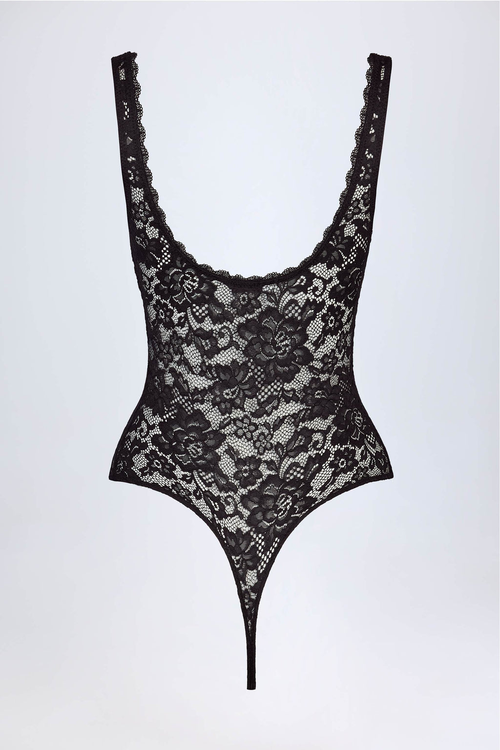 Sheer Lace Scalloped Plunge-Neck Bodysuit in Black